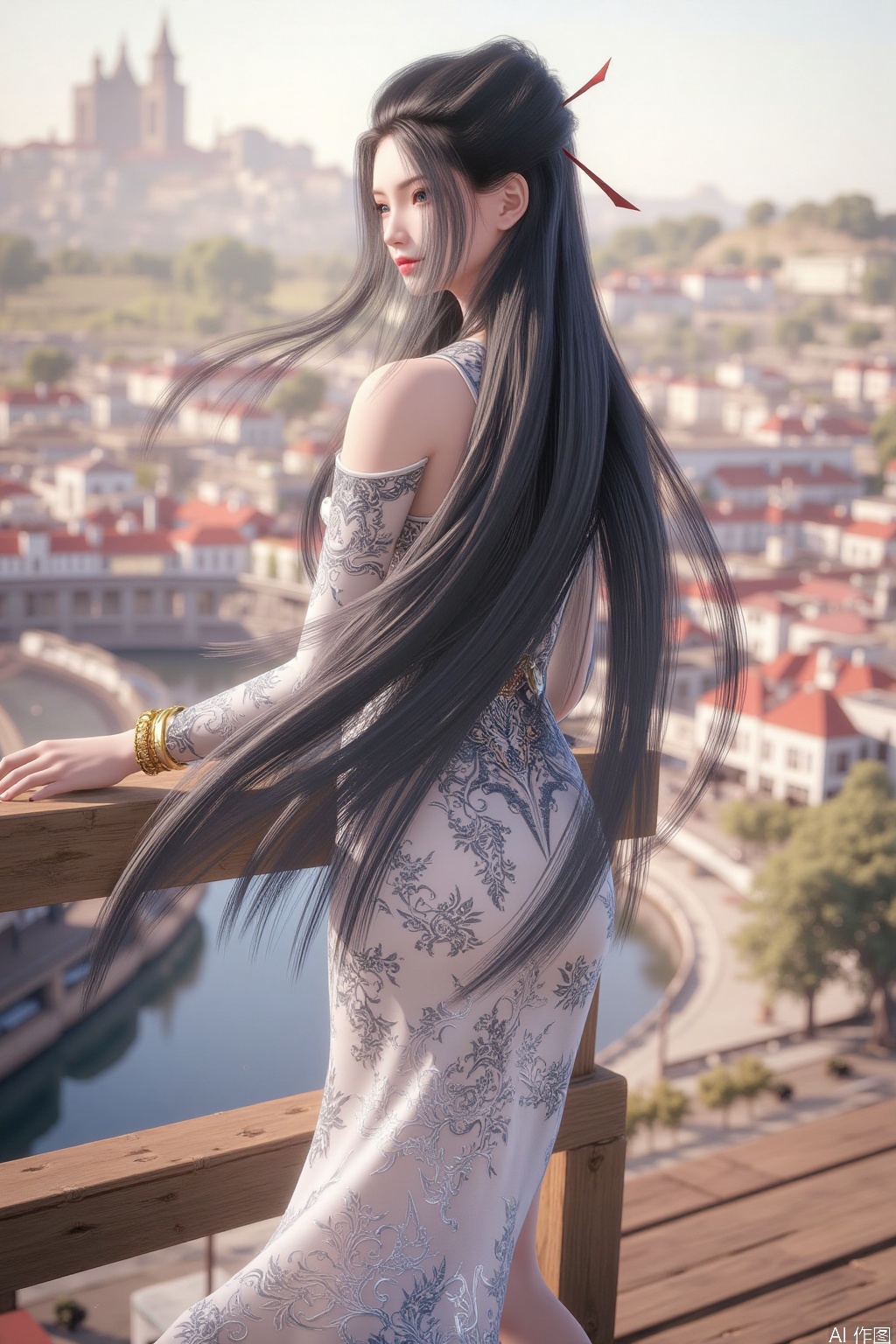 1girl, long hair, looking at viewer, black hair, hair ornament, dress, jewelry, standing,