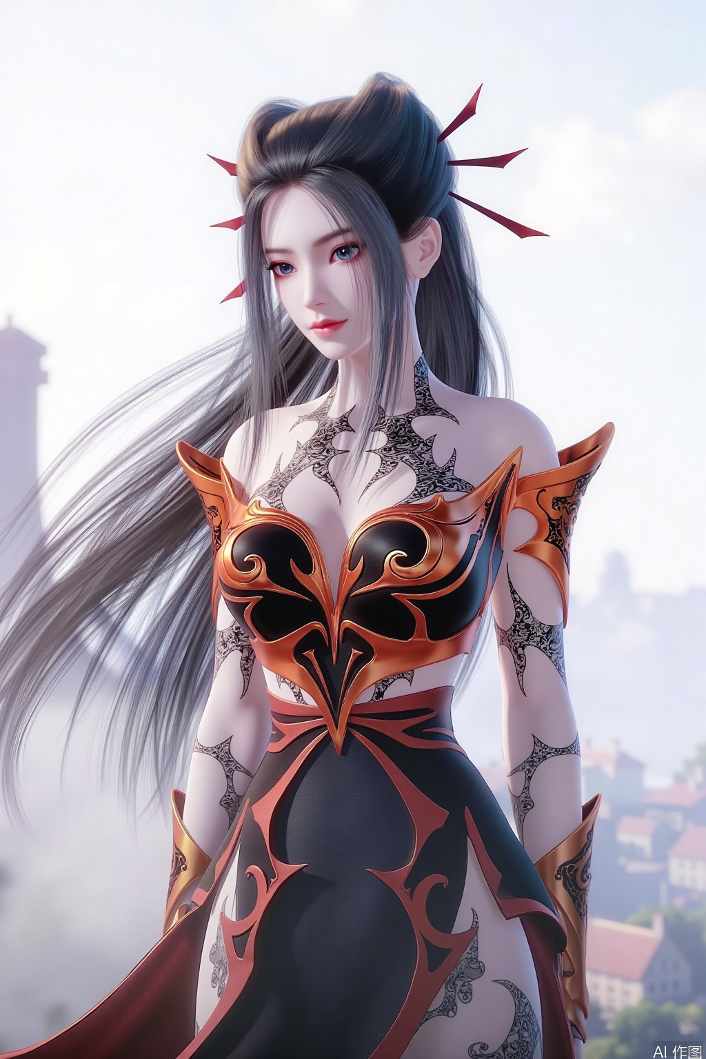 1girl, long hair, looking at viewer, black hair, hair ornament, dress, jewelry, standing,