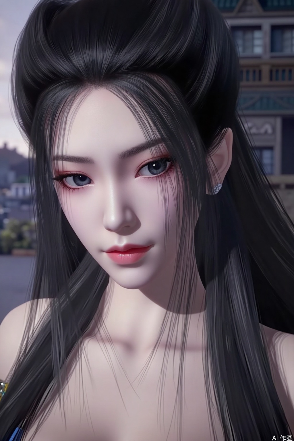 1girl, long hair, looking at viewer, black hair, closed mouth, upper body, earrings, lips, makeup, 