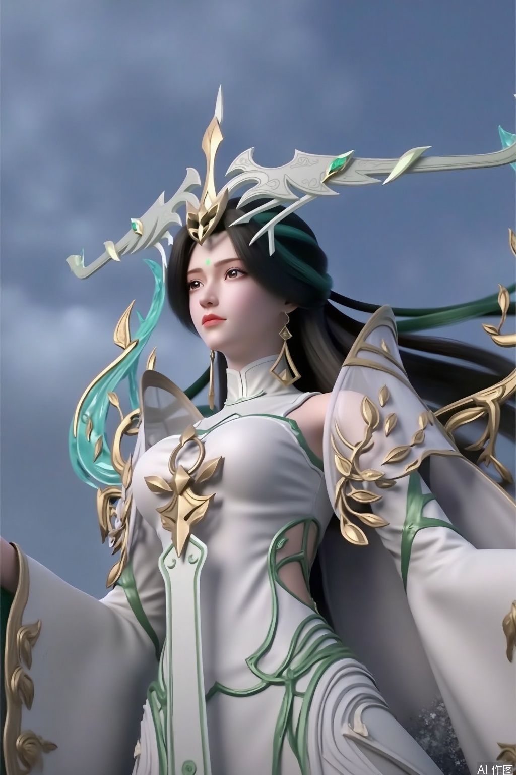 1girl, long hair, looking at viewer, black hair, hair ornament, dress, jewelry, standing, 