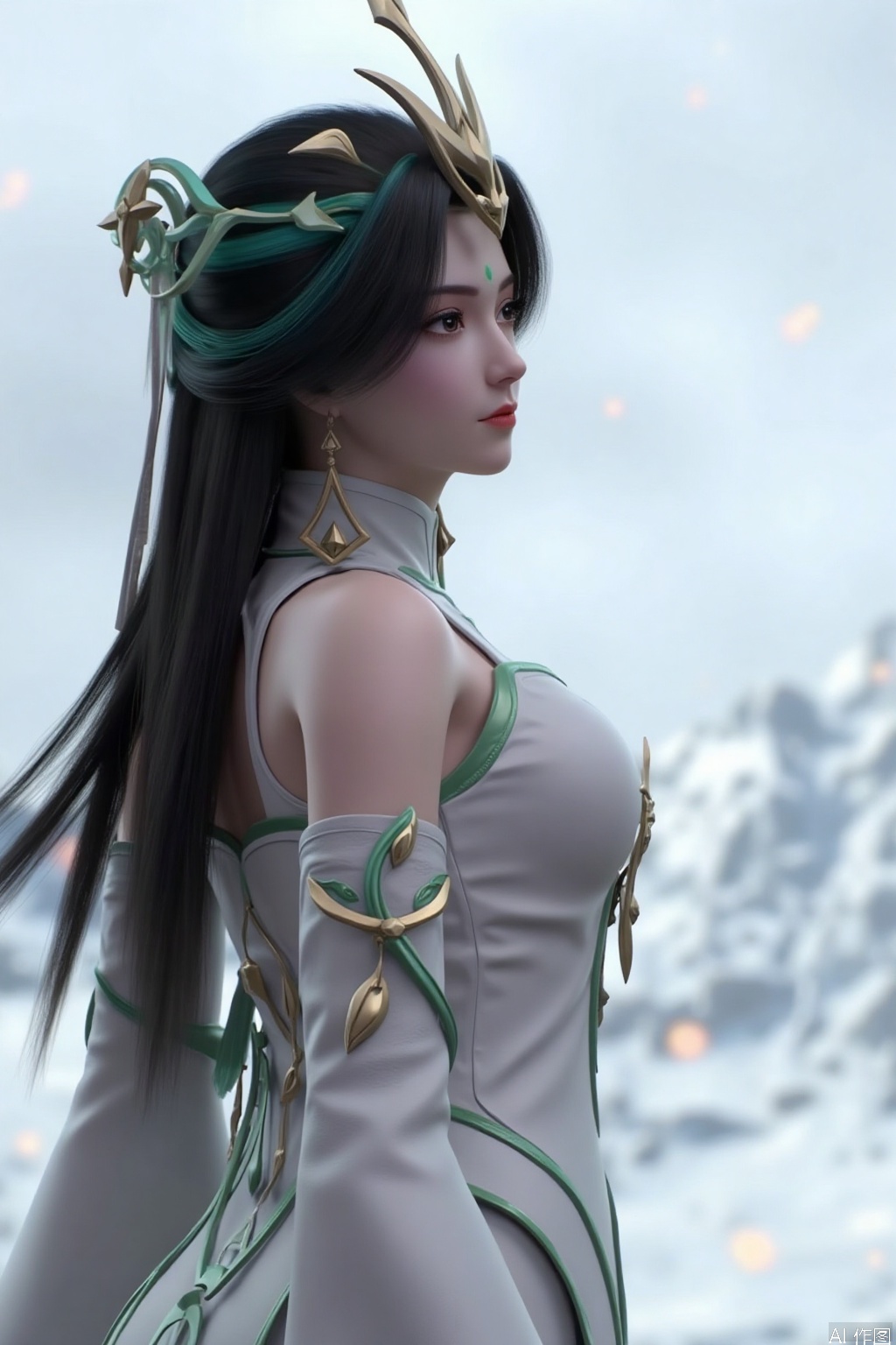 1girl, long hair, looking at viewer, black hair, hair ornament, dress, jewelry, standing, 