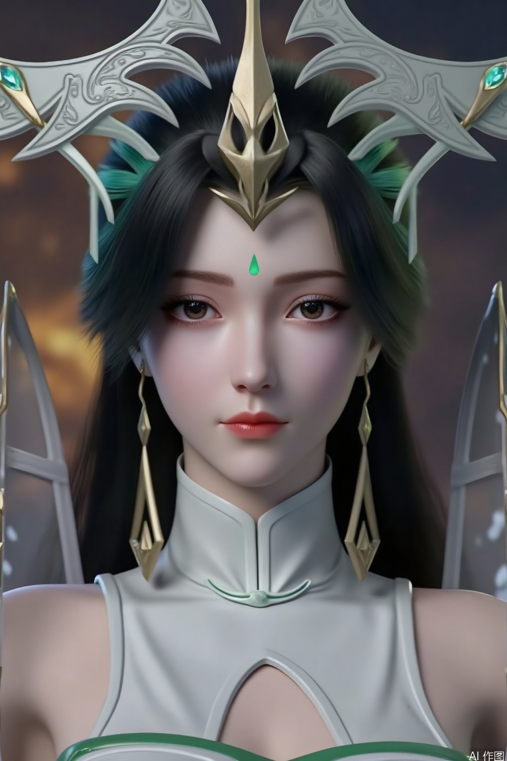 1girl, long hair, looking at viewer, black hair, hair ornament, closed mouth, upper body, earrings, lips, makeup, 
