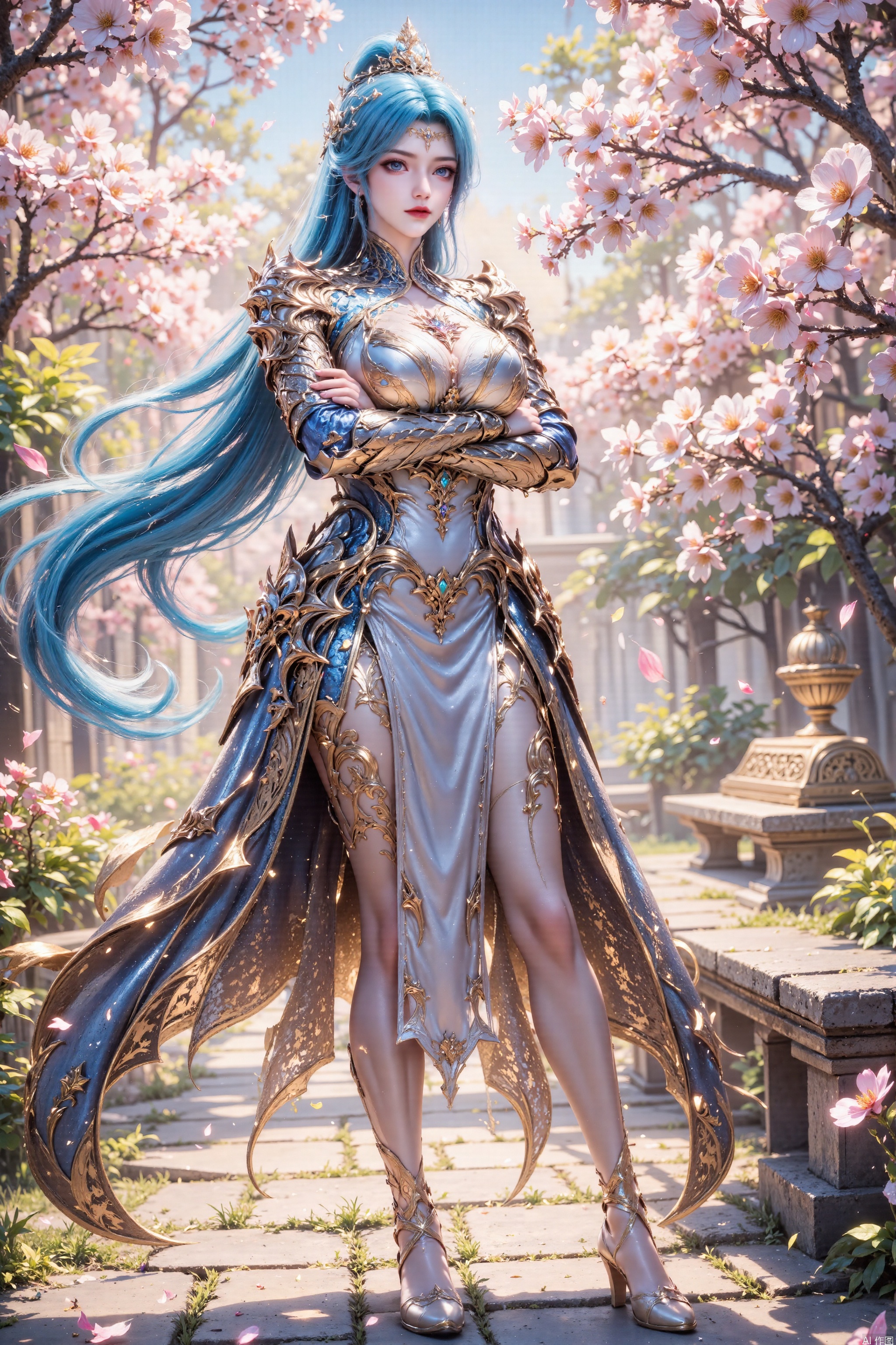 The image depicts a character standing confidently in a serene garden setting. The character has long blue hair and is dressed in an intricately designed, silver and gold armor that flows elegantly. The armor is adorned with golden accents and patterns, giving it a regal appearance. The character stands with arms crossed, exuding a sense of strength and poise.

Surrounding the character are blooming cherry blossoms, their pink petals scattered around, creating a picturesque and tranquil atmosphere. The background features a stone pathway and a beautifully crafted stone bench, adding to the garden's aesthetic appeal. The setting is bathed in soft, warm sunlight, enhancing the overall peaceful and magical ambiance of the scene.