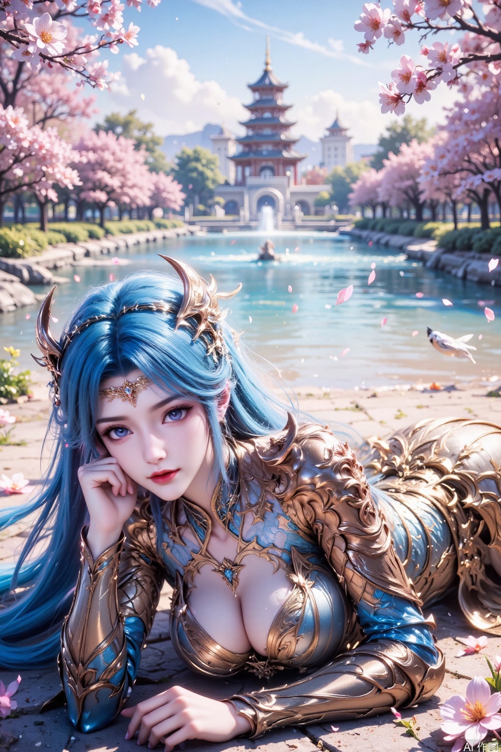 The image depicts a serene and picturesque scene with a character lying on the ground amidst blooming cherry blossoms. The character has long blue hair and is adorned in intricate, golden armor that covers their upper body. They are positioned in a relaxed pose, resting their head on their hand, with their eyes gazing gently towards the viewer. The background features a tranquil body of water reflecting the soft hues of the sky, with cherry blossoms scattered around, creating a dreamy and peaceful atmosphere. In the distance, there is a pagoda-style structure, adding a touch of traditional East Asian architecture to the scene. The overall composition is harmonious, blending natural beauty with fantasy elements.