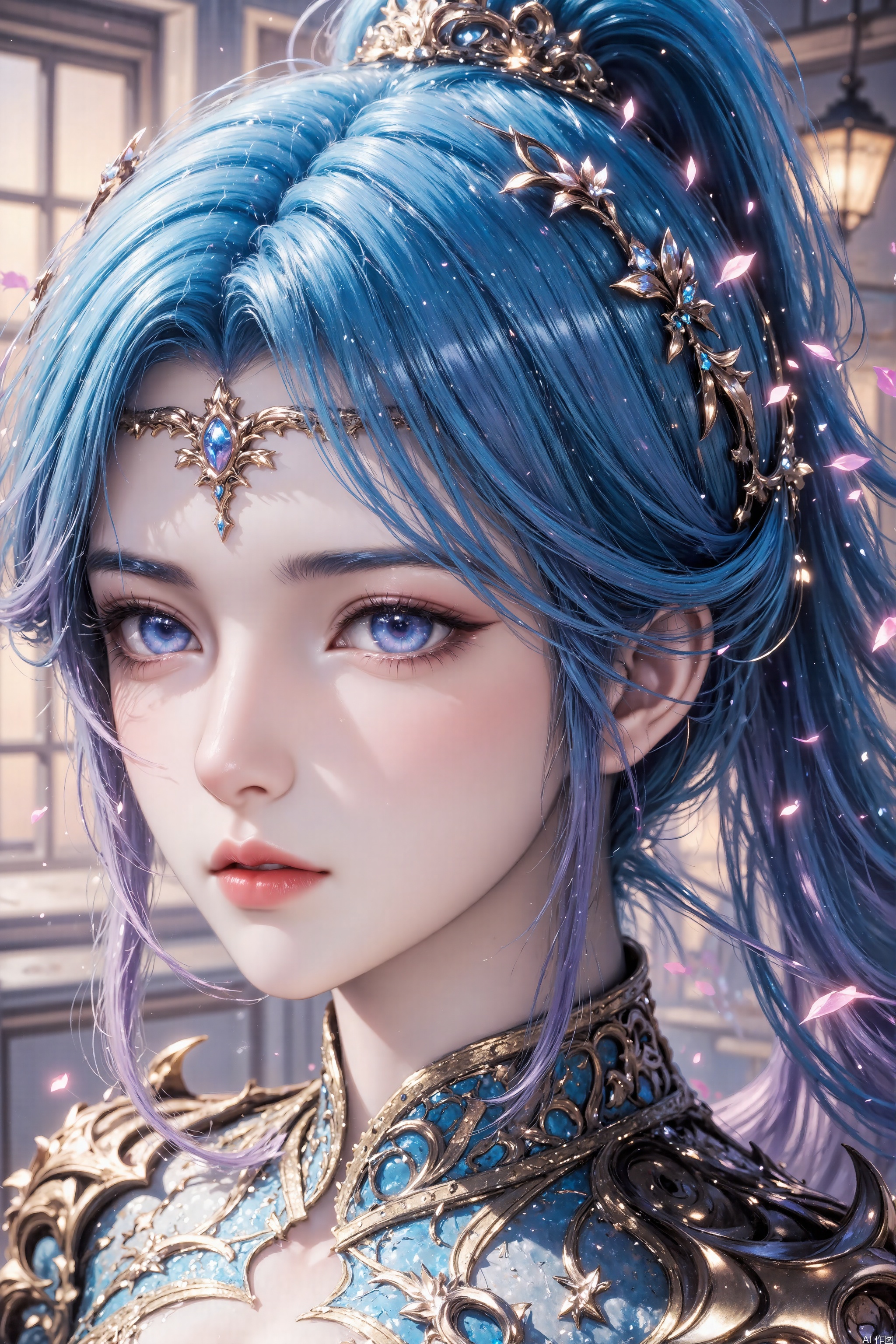 1 girl, solo, avatar, portrait, facial closeup, blue and purple gradient hair, high ponytail, delicate hair accessories, frown, slightly raised head, half closed eyes, squinted eyes, tears, blush, open mouth, reveal upper teeth, contempt, contempt, squinted eyes, looking at each other, disgusted expression, aggrieved expression