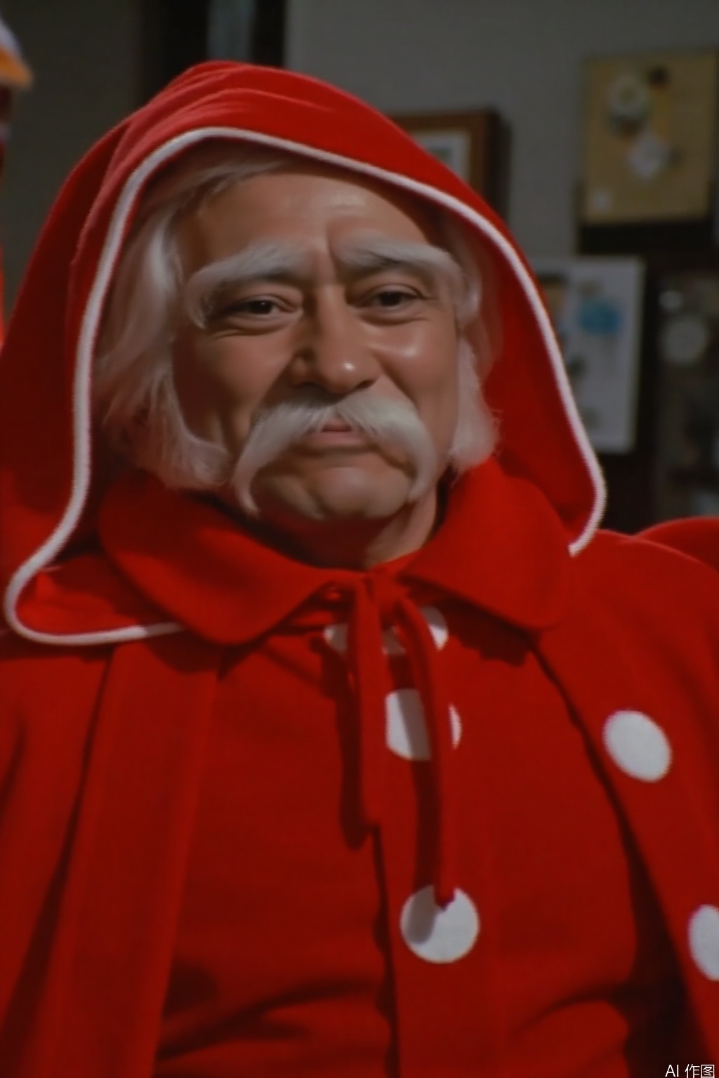 christmas,hat,red jacket,male focus,face,mustache,old man,red hood,red capelet,red cape,red gloves,christmas ornaments,bell,white hair,red cloak,santa hat,santa costume,merry christmas