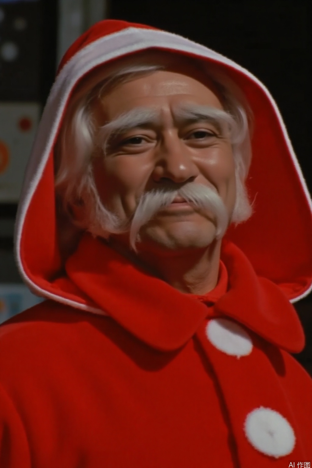 christmas,hat,red jacket,male focus,face,mustache,old man,red hood,red capelet,red cape,red gloves,christmas ornaments,bell,white hair,red cloak,santa hat,santa costume,merry christmas