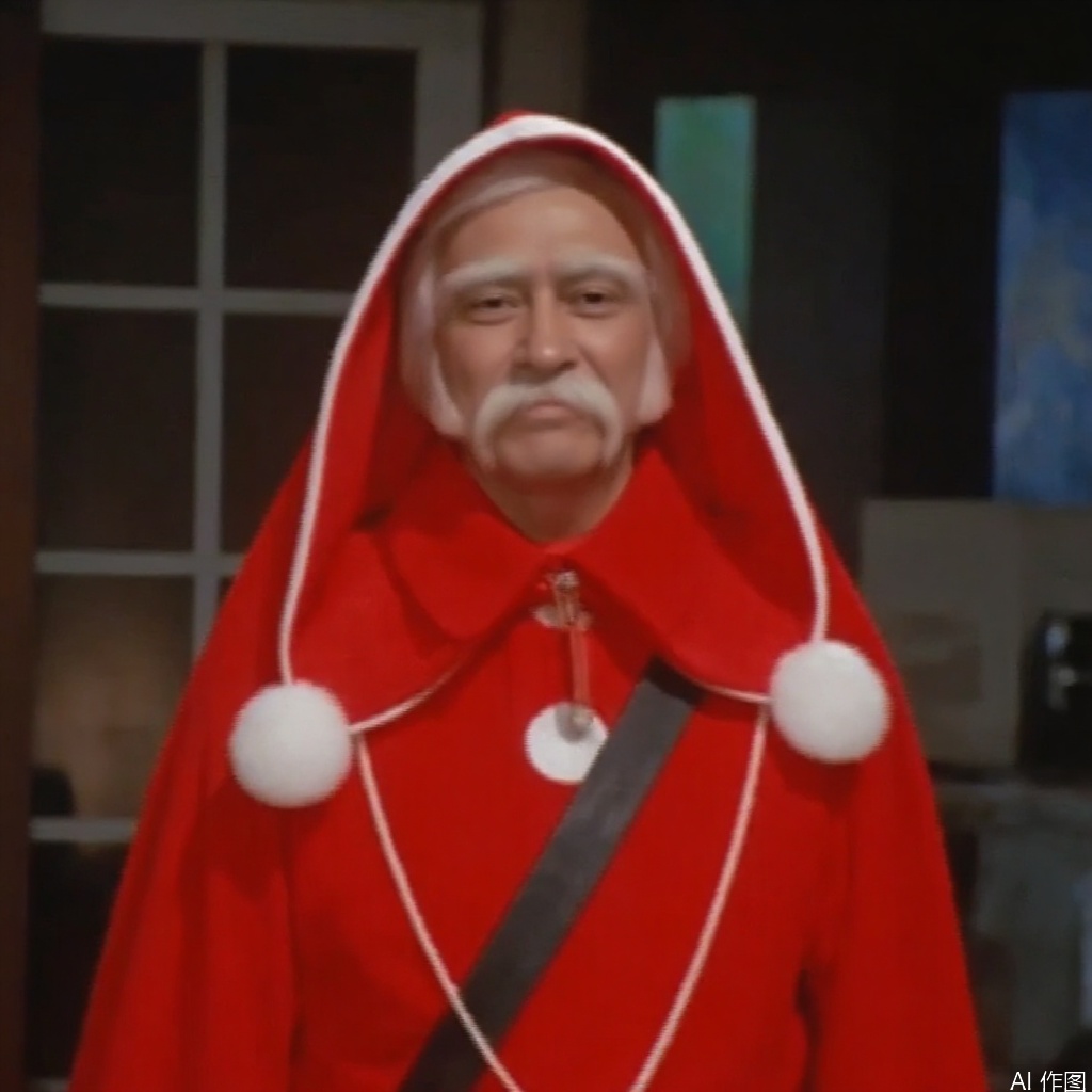 christmas,hat,red jacket,male focus,face,mustache,old man,red hood,red capelet,red cape,red gloves,christmas ornaments,bell,white hair,red cloak,santa hat,santa costume,merry christmas