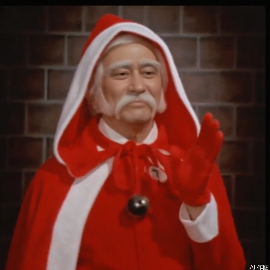 christmas,hat,red jacket,male focus,face,mustache,old man,red hood,red capelet,red cape,red gloves,christmas ornaments,bell,white hair,red cloak,santa hat,santa costume,merry christmas