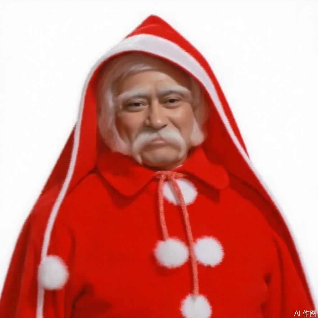 masterpiece, best quality,solo,(white background:1.2),simple background,
looking at viewer,christmas,hat,red jacket,male focus,face,mustache,old man,red hood,red capelet,red cape,red gloves,christmas ornaments,bell,white hair,red cloak,santa hat,santa costume,merry christmas