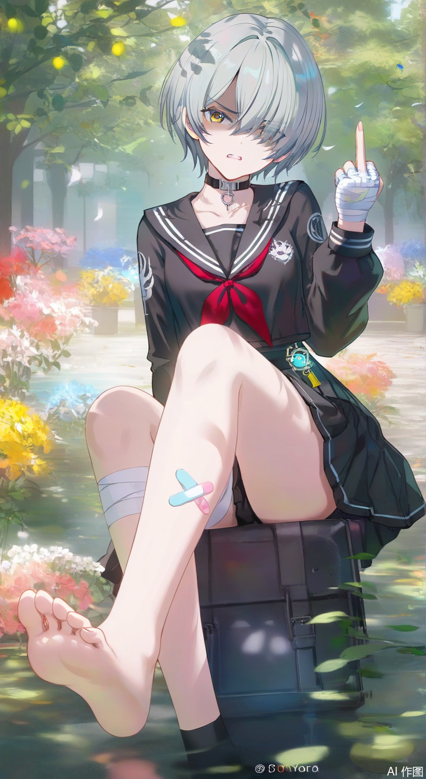  bazhi,1girl, solo,short hair, skirt, shirt, long sleeves, school uniform,collarbone, yellow eyes, grey hair, pleated skirt, serafuku, choker,black skirt, sailor collar, hair over one eye, neckerchief, black choker, bandages, eyes visible through hair, bandaid, red neckerchief, black serafuku, bandaged leg, bandaid on leg, bandaged hand,shaded face, middle finger, disgust,barefoot,soles,foot focus,5toes,crossed_legs_(sitting),
, (wlop:0.8),((artist:reoen),(artist:fuzichoco),(artist:atdan),(artist:torino_aqua),year 2024:0.8),[artist:wlop],[artist:ningen_mame],artist:ciloranko,[[artist:rhasta]],artist:tidsean,colorful,best quality,very aesthetic,absurdres,32K UHD,sharp focus,best-quality,Emotionalization,temperate atmosphere,with a high-end texture,in the style of fashion photography,Dynamic, dynamic force picture, (Visual impact:1.2),impactful picture,offcial art,