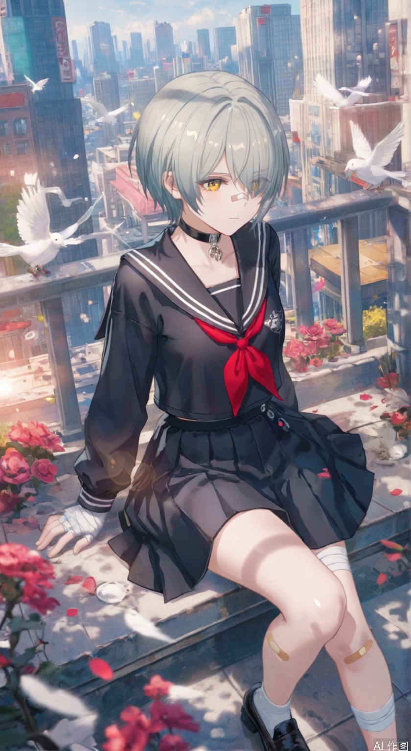 8k,best quality,masterpiece,(ultra-detailed),(high detailed skin),((artist:reoen),(artist:fuzichoco),(artist:atdan),(artist:torino_aqua),year 2024:0.8)1girl,[artist:wlop],[artist:ningen_mame],artist:ciloranko,[[artist:rhasta]],artist:tidsean,colorful,detailed light,light leaks,sunlight,bokeh,blurry foreground,ray tracing,lens flare,cinematic lighting,
bazhi,1girl, solo,short hair, skirt, shirt, long sleeves, closed mouth, school uniform,collarbone, yellow eyes, grey hair, pleated skirt, serafuku, choker,black skirt, sailor collar, hair over one eye, neckerchief, black choker, bandages, eyes visible through hair, bandaid, red neckerchief, black serafuku, bandaged leg, bandaid on leg, bandaged hand,shoes,bandaid on nose,
outdoors, bird, building, city, cityscape, skyscraper,from above,sitting on edge