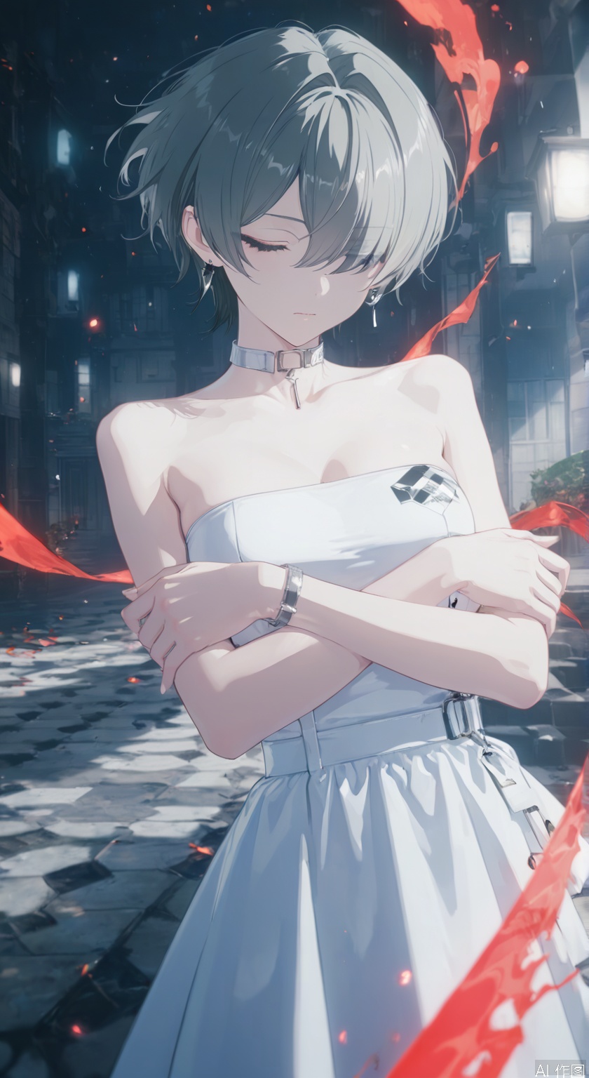 masterpiece, best quality, high quality, extremely detailed CG unity 8k wallpaper, extremely detailed, High Detail, vibrant colors, anime style, cover art,(wanke:0.8),(mon (monmon2133):0.5),(mochizuki kei:0.95), (tira 27:0.7),extreme aesthetic,masterpiece,best quality,good quality,newest,very aesthetic,absurdres,Visual impact,32K UHD,colorful,sharp focus,impactful picture,offcial art, 
bazhi,1girl,grey hair,hair over one eye,solo, best quality, aesthetic, detailed, girlish,alternate costume, short hair, breasts, dress, bare shoulders, black hair, closed eyes, hugging herself, arms crossed over chest, self-embrace, white dress, strapless, floating hair, strapless dress,anime aesthetic