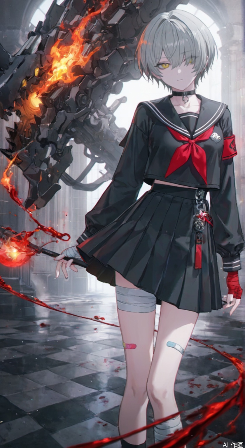 (artist:quasarcake:0.6),lens flare,extreme aesthetic,masterpiece, best quality, backlight,high quality, (Tyndall Effect 1.4),extremely detailed, High Detail, vibrant colors, anime style, cover art,(wanke:0.8),(watercolor \(tira 7:0.8),(lam (ramdayo):0.8),(mochizuki kei:0.8),extreme aesthetic,masterpiece,best quality,good quality,newest,very aesthetic,absurdres,Visual impact,32K UHD,colorful,sharp focus,
bazhi,1girl, solo, looking at viewer, short hair, skirt, shirt, long sleeves, closed mouth, school uniform, standing, collarbone, yellow eyes, grey hair, pleated skirt, serafuku, choker,black skirt, sailor collar, hair over one eye, neckerchief, blood, black choker, bandages, eyes visible through hair, bandaid, red neckerchief, black serafuku, bandaged leg, bandaid on leg, bandaged hand