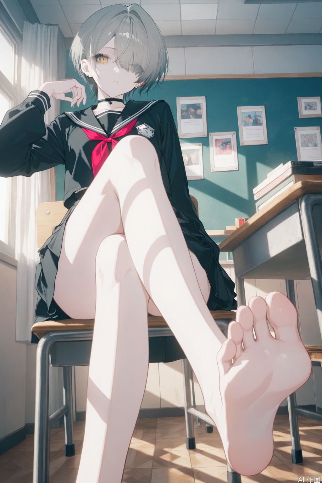 masterpiece, best quality, high quality, extremely detailed CG unity 8k wallpaper, extremely detailed, High Detail, vibrant colors, anime style, cover art,(wanke:0.8),(mon (monmon2133):0.5),(mochizuki kei:0.95), (tira 27:0.7),extreme aesthetic,masterpiece,best quality,good quality,newest,very aesthetic,absurdres,Visual impact,32K UHD,colorful,sharp focus,impactful picture,offcial art, 
bazhi,1girl,grey hair,hair over one eye,yellow eyes,short hair,solo, best quality, aesthetic, detailed,anime aesthetic,soles, toes,sitting, school desk, school uniform, barefoot, foot focus, from below,crossed_legs_(sitting)