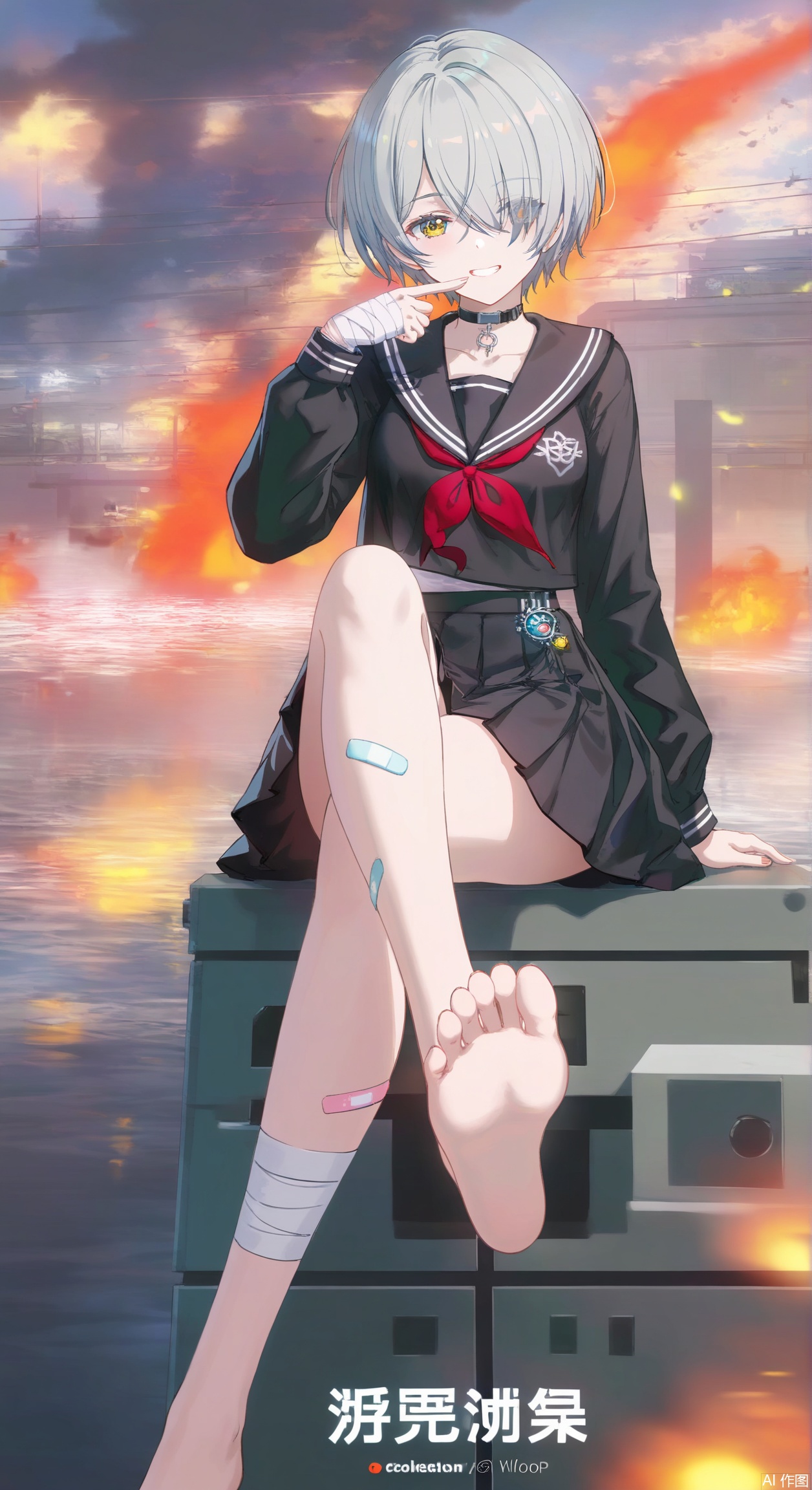  bazhi,1girl, solo,short hair, skirt, shirt, long sleeves, school uniform,collarbone, yellow eyes, grey hair, pleated skirt, serafuku, choker,black skirt, sailor collar, hair over one eye, neckerchief, black choker, bandages, eyes visible through hair, bandaid, red neckerchief, black serafuku, bandaged leg, bandaid on leg, bandaged hand, finger to mouth,playful expression,naughty smile,barefoot,soles,foot focus,5toes,crossed_legs_(sitting),
, (wlop:0.8),((artist:reoen),(artist:fuzichoco),(artist:atdan),(artist:torino_aqua),year 2024:0.8),[artist:wlop],[artist:ningen_mame],artist:ciloranko,[[artist:rhasta]],artist:tidsean,colorful,best quality,very aesthetic,absurdres,32K UHD,sharp focus,best-quality,Emotionalization,temperate atmosphere,with a high-end texture,in the style of fashion photography,Dynamic, dynamic force picture, (Visual impact:1.2),impactful picture,offcial art,