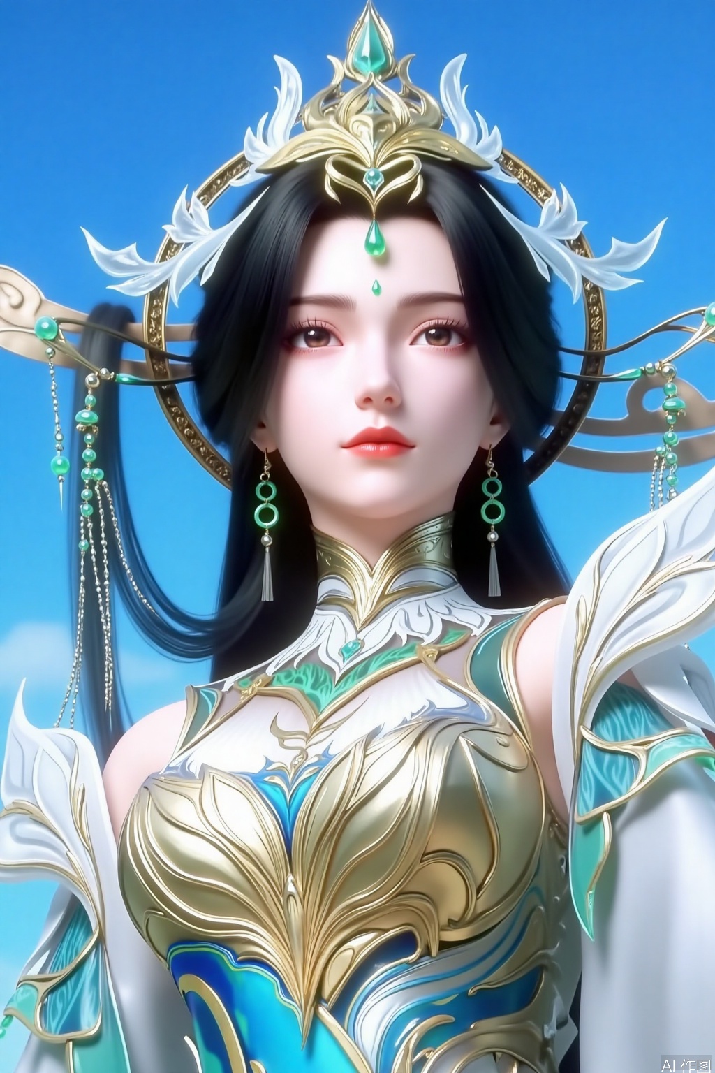 1girl, solo, long hair, looking at viewer, black hair, hair ornament, dress, jewelry, upper body, earrings, sky, blue sky, expressionless
