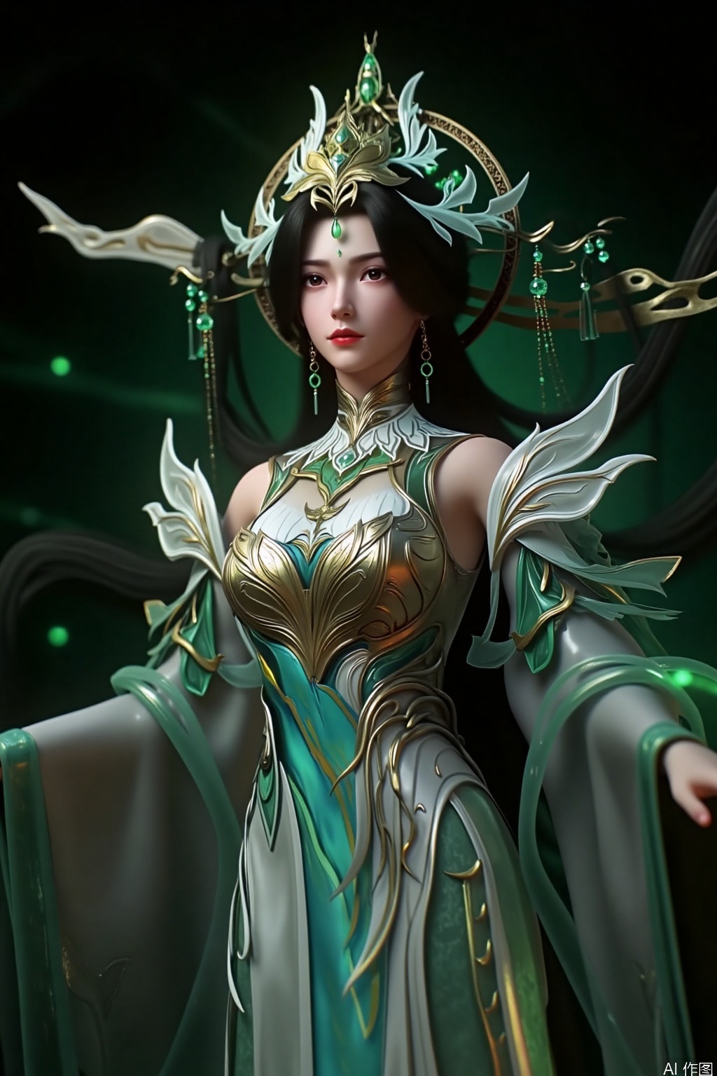 1girl, solo, long hair, black hair, hair ornament, dress, The image depicts a highly detailed and stylized digital artwork of a female character. She is adorned in intricate armor that features a mix of metallic and organic elements, with a prominent green and white color scheme. Her attire includes a headpiece that resembles a crown, and her long, flowing hair is elaborately styled. The character is holding a sword in her right hand, which is partially visible. The background is dark, with a subtle glow emanating from the character's surroundings, giving an ethereal and mystical atmosphere. The overall composition suggests a fantasy or mythological theme.