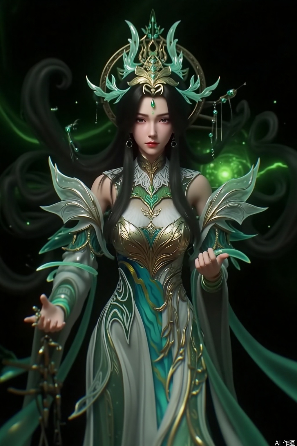1girl, solo, long hair, black hair, hair ornament, dress, The image depicts a highly detailed and stylized digital artwork of a female character. She is adorned in intricate armor that features a mix of metallic and organic elements, with a prominent green and white color scheme. Her attire includes a headpiece that resembles a crown, and her long, flowing hair is elaborately styled. The character is holding a sword in her right hand, which is partially visible. The background is dark, with a subtle glow emanating from the character's surroundings, giving an ethereal and mystical atmosphere. The overall composition suggests a fantasy or mythological theme.