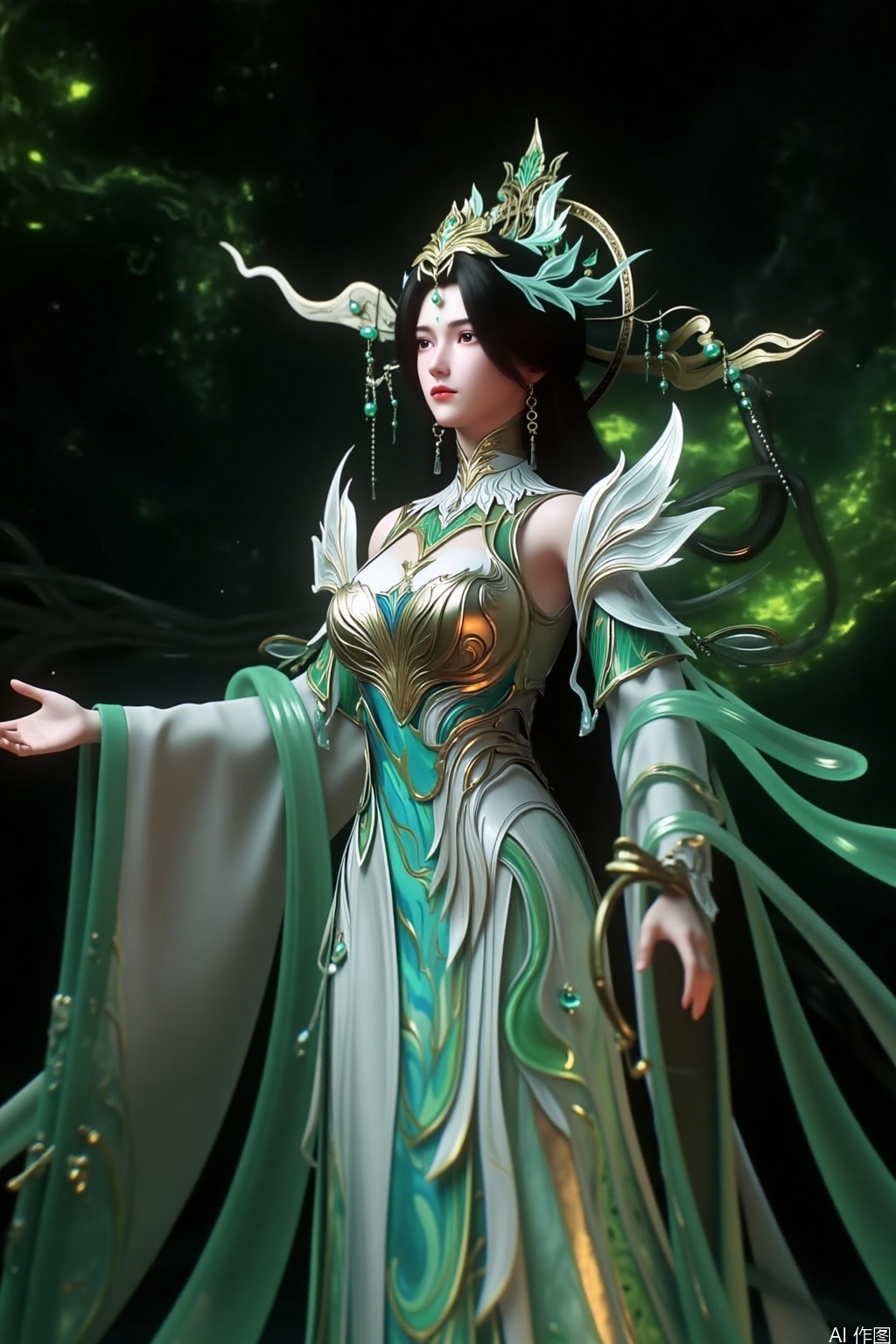 1girl, solo, long hair, black hair, hair ornament, dress, The image depicts a highly detailed and stylized digital artwork of a female character. She is adorned in intricate armor that features a mix of metallic and organic elements, with a prominent green and white color scheme. Her attire includes a headpiece that resembles a crown, and her long, flowing hair is elaborately styled. The character is holding a sword in her right hand, which is partially visible. The background is dark, with a subtle glow emanating from the character's surroundings, giving an ethereal and mystical atmosphere. The overall composition suggests a fantasy or mythological theme.