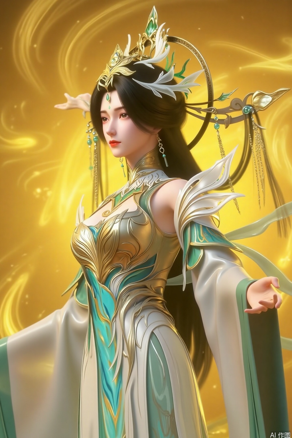 1girl, solo, long hair, black hair, hair ornament, dress, The image depicts a digitally rendered figure of a woman dressed in an elaborate, traditional outfit. The attire is predominantly white with intricate gold patterns and green accents, giving it a regal appearance. The woman's hair is long and flowing, adorned with ornate golden headpieces that match the elegance of her attire. Her expression is serene and confident, with her right hand extended outward, seemingly channeling or directing energy. The background is a warm, golden hue, with swirling, ethereal light effects that enhance the mystical and magical atmosphere of the scene.