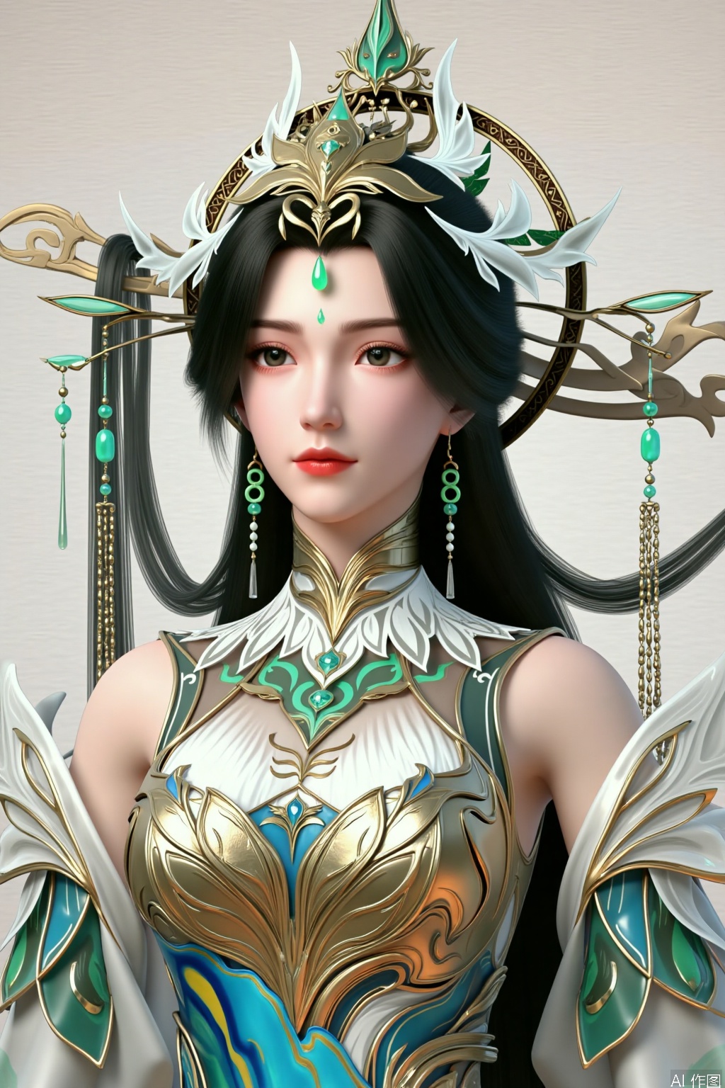 1girl, solo, long hair, black hair, hair ornament, dress, bare shoulders, jewelry, upper body, detached sleeves, forehead mark, light