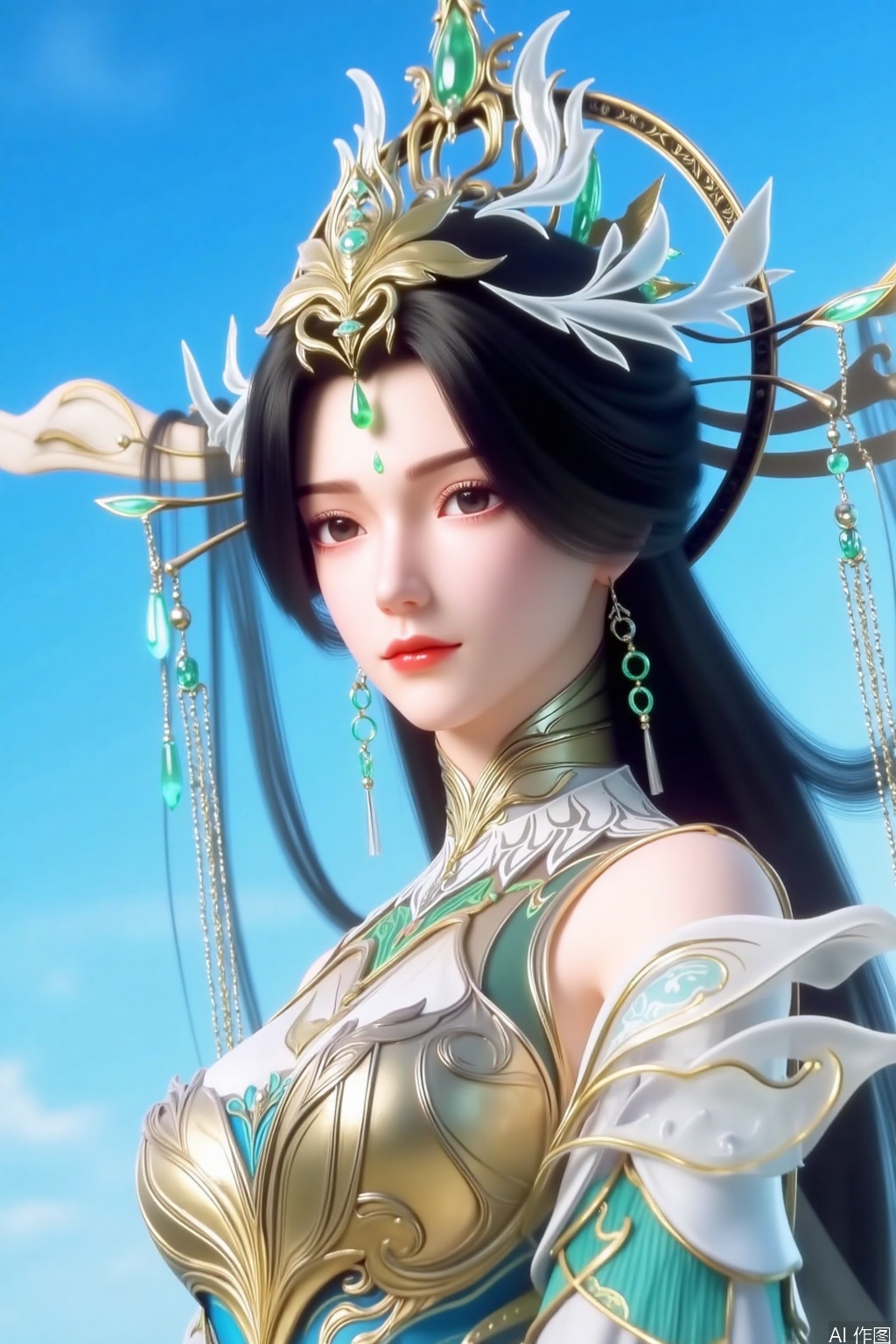 1girl, solo, long hair, looking at viewer, black hair, hair ornament, dress, jewelry, upper body, earrings, sky, blue sky, expressionless