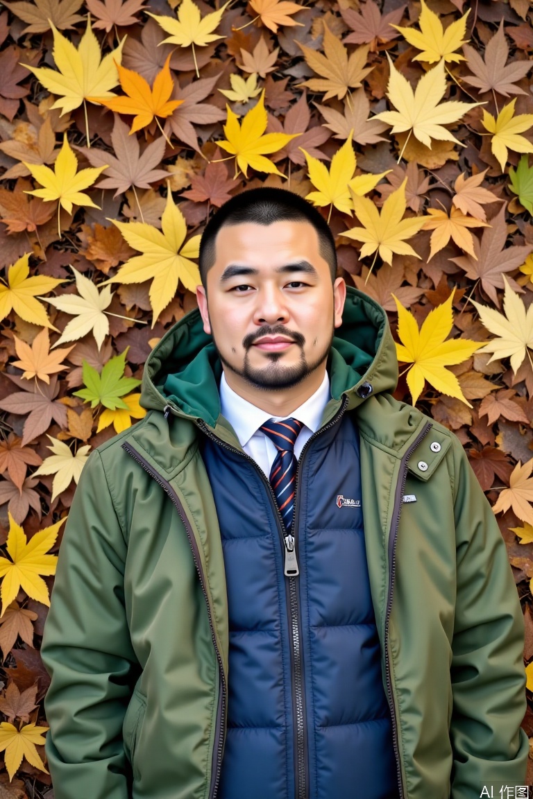 A man with a slightly wider face and typical Asian characteristics, with a straight facial features, calm eyes, a short beard, and a gentle overall temperament, with his arms beside him, lying quietly on the ground covered with yellow-brown maple leaves. He wore a green hooded jacket, a blue vest, a white shirt and a striped tie. The picture adopts a top shot angle, which can fully display the maple leaves on men and the ground. The light is abundant and bright, and it should be natural light, giving people a fresh and comfortable feeling.
high detail, ultra-high resolution,32K UHD, clear focus, best quality, masterpiece,