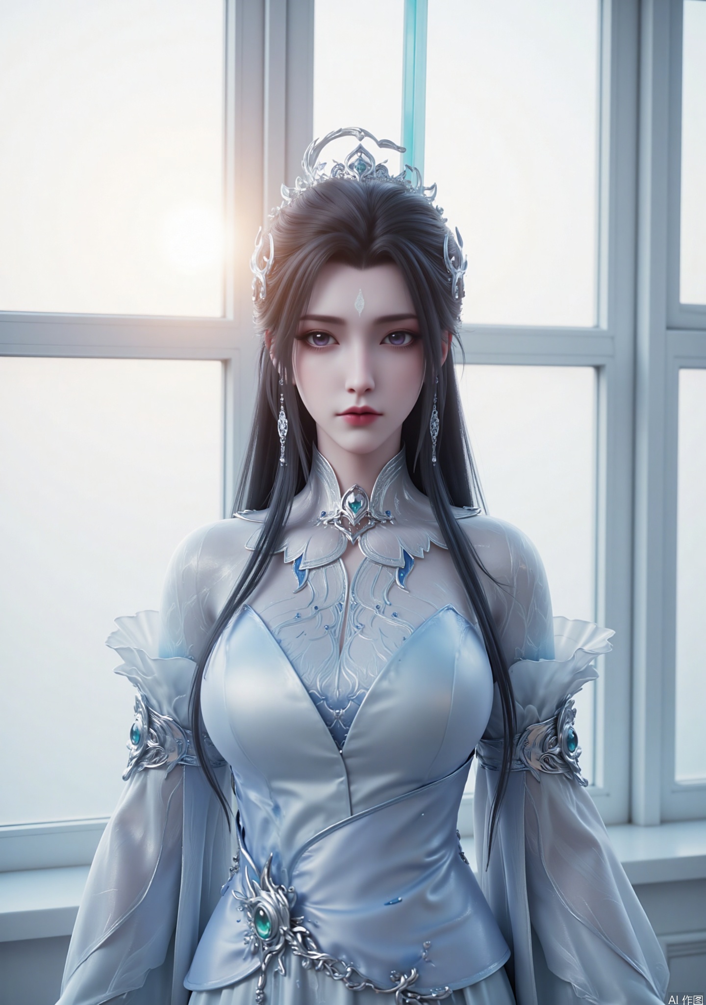 "The image depicts a character with long black hair, adorned with complex silver and blue accessories. She wore a white and light blue outfit, which looked like a mixture of armor and traditional outfits, with a prominent green gem on her chest. The figure held a huge ornate sword with a blue blade standing vertically behind her.

The background is a gentle white window screen, and the sun shines through the windows, creating a warm and slightly lazy atmosphere. "