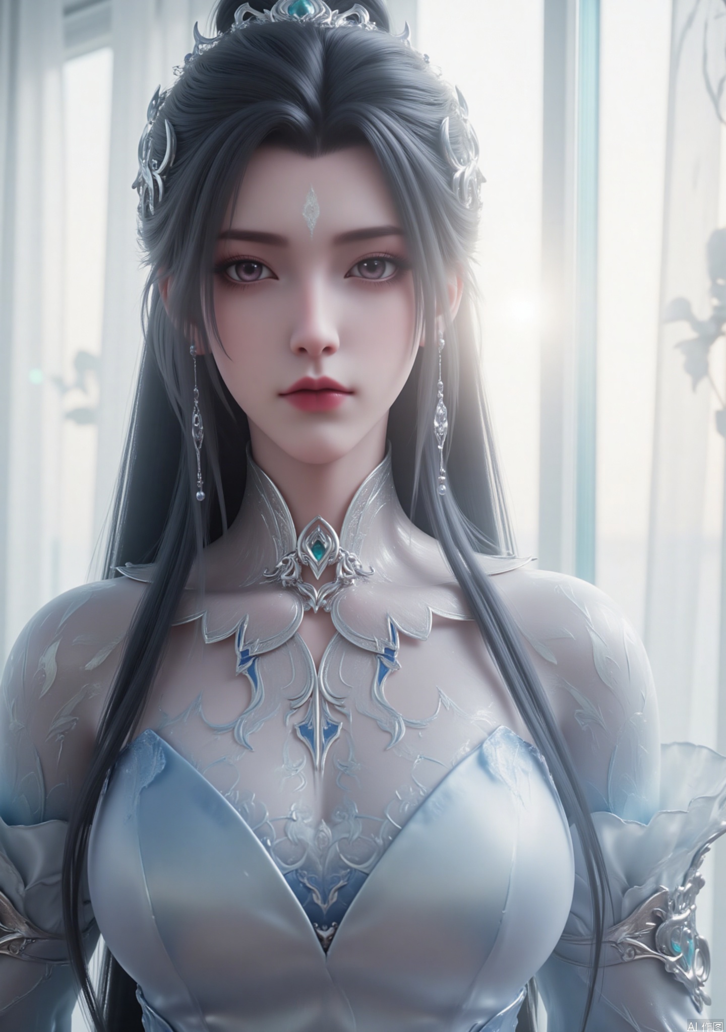 "The image depicts a character with long black hair, adorned with complex silver and blue accessories. She wore a white and light blue outfit, which looked like a mixture of armor and traditional outfits, with a prominent green gem on her chest. The figure held a huge ornate sword with a blue blade standing vertically behind her.

The background is a gentle white window screen, and the sun shines through the windows, creating a warm and slightly lazy atmosphere. "