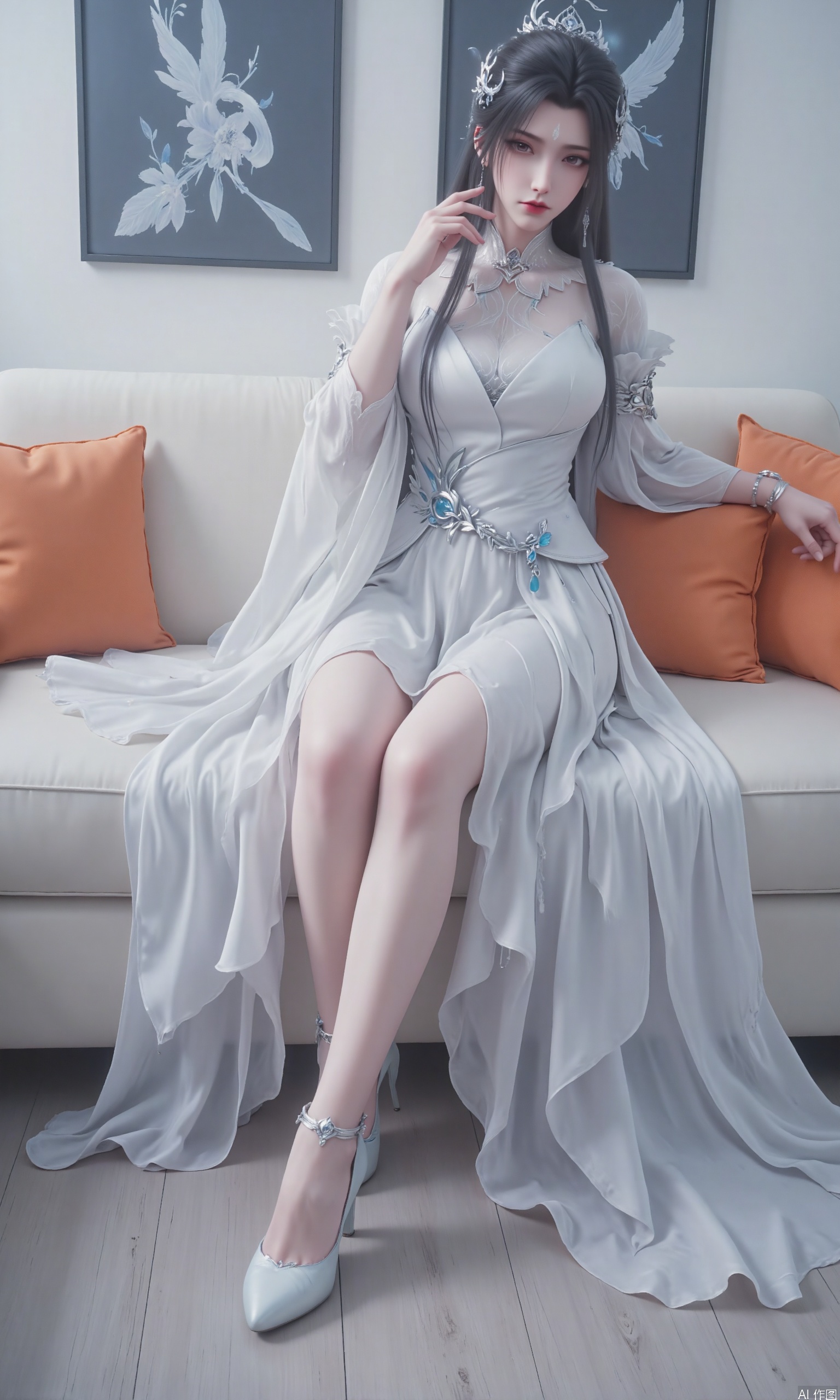 "This image describes a very delicate and elegant woman with black and long hair, with a delicate silver headdress, the center of the headdress is decorated like a star or floral pattern and a white mark on her forehead.

He wore a flowing and complex high-necked skirt and white shoes, which were mainly white with subtle blue embellishments, giving it a quiet and ethereal look. His body aesthetic is very artistic and fantasy-inspired, focusing on elegance and beauty."

She sat on an off-white sofa with orange cushions as an accent. Her left hand was placed on the armrest of the sofa, her right hand held her cheek, looking at the camera, her posture was charming. There are two abstract paintings hanging on the background wall, and the overall environment presents a modern, fashionable and slightly sexy atmosphere.,zichu
