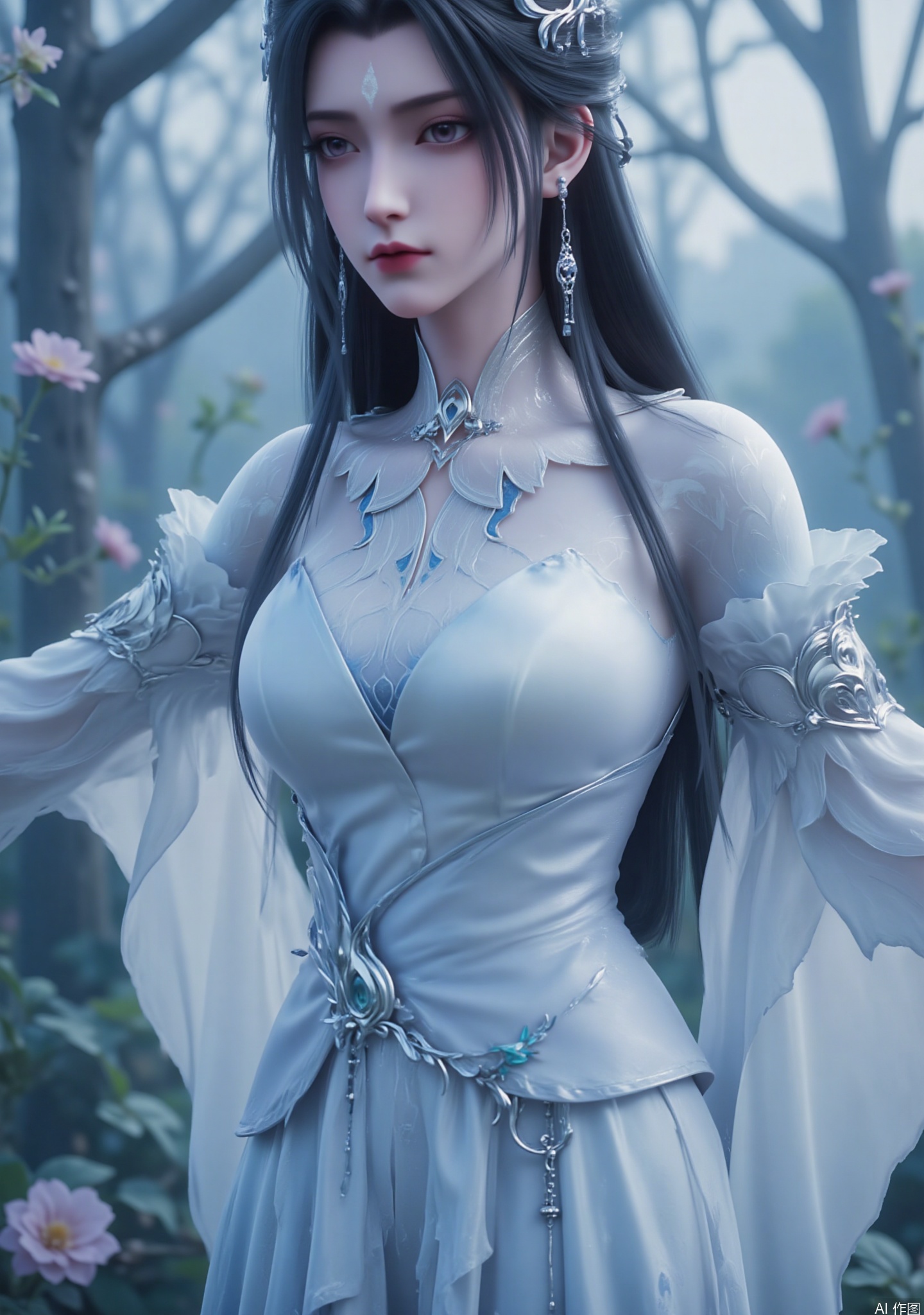 "This image describes a very delicate and elegant woman with black and long hair, with a delicate silver headdress, the center of the headdress is decorated like a star or floral pattern and a white mark on her forehead.

He wore a flowing and complex high-necked skirt, which was mainly white with subtle blue embellishments, giving it a quiet and ethereal appearance. His body aesthetic is very artistic and fantasy-inspired, focusing on elegance and beauty."

The background is intertwined with light and shadow, creating an ancient atmosphere of aesthetic and elegant style, as if showing the moving scene of ancient beauties in the flowers.