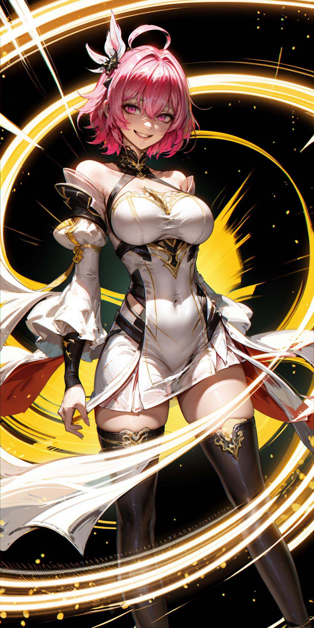 HEZI,Hot girls,Two dimensional,hand drawing,atmosphere,1girl,breasts,solo,pink hair,thighhighs,white dress,looking at viewer,dress,large breasts,smile,black thighhighs,bangs,thighs,yellow eyes,long hair,hair ornament,hair between eyes,thigh 25ap,dated,black footwear,pink eyes,grin,medium hair,full body,short hair,signature,parted lips,standing,<lora:辣妹-000022:0.7>,