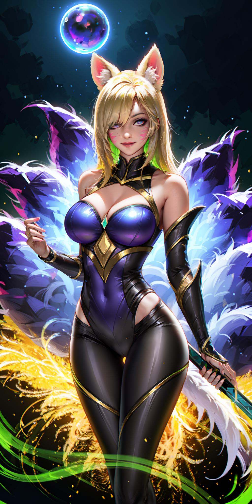 HEZI,Hot girls,Two dimensional,hand drawing,atmosphere,1girl,long hair,animal ears,breasts,magic,bangs,bare shoulders,dress,outdoors,blonde hair,fox ears,ahri \(league of legends\),tail,fox tail,hair over one eye,solo focus,bird,medium breasts,armor,cleavage,tree,smile,glowing,black dress,multiple others,gem,detached sleeves,night,looking at viewer,red lips,long sleeves,orb,nature,forest,weapon,alternate costume,closed mouth,helmet,pants,cowboy shot,pink eyes,solo,multiple tails,blue eyes,official alternate costume,green eyes,standing,facial mark,green hair,dark,fox girl,large breasts,crow,sword,lipstick,makeup,animal,helm,1other,purple lips,2others,one eye covered,energy ball,black pants,glowing eyes,lips,whisker markings,breastplate,,<lora:辣妹-000022:0.7>,