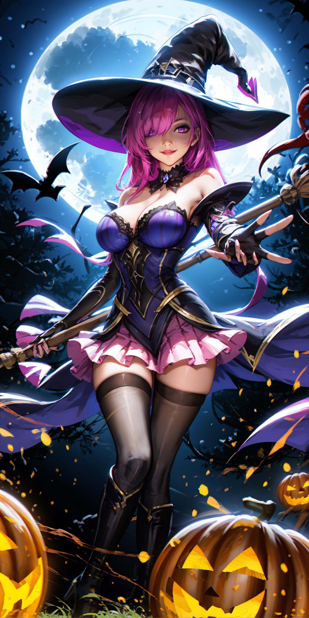 HEZI,Hot girls,Two dimensional,hand drawing,atmosphere,1girl, hat, breasts, witch hat, thighhighs, long hair, cleavage, bare shoulders, night, fire, jack-o'-lantern, large breasts, blue hair, purple eyes, witch, dress, outdoors, detached sleeves, alternate costume, pumpkin, bat \(animal\), gloves, halloween, solo, purple lips, moon, smile, multicolored hair, purple hair, skirt, glowing, makeup, strapless, strapless dress, magic, hair over one eye, gem, broom, lipstick, town, detached collar, official alternate costume, ghost, jewelry, building, striped, running, house, long sleeves, night sky, pink hair, purple dress, cat, pink eyes, looking at viewer, solo focus, medium breasts, sky, halloween costume, zettai ryouiki, gradient hair, full moon, flying, staff, tree, food, horns, purple thighhighs, very long hair, candy, glowing eyes, elbow gloves, bangs, brooch, purple headwear, vertical stripes, armor, moonlight, full body, miniskirt, shoulder armor, tongue, flame, foreshortening, holding, red eyes, lips, boots<lora:辣妹-000022:0.7>,