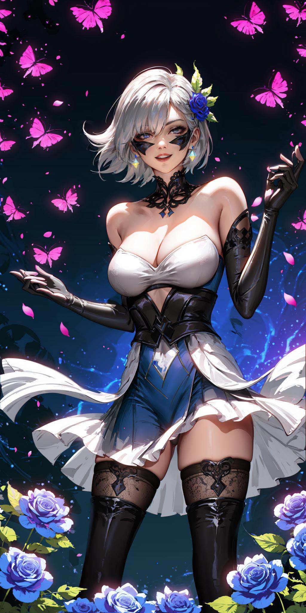 HEZI,Hot girls,Two dimensional,hand drawing,atmosphere,1girl, 1boy, rose, gloves, short hair, thighhighs, bangs, weapon, blue flower, cowboy shot, large breasts, blue rose, black blindfold, elbow gloves, outdoors, medium breasts, purple dress, official alternate costume, plant, detached sleeves, black gloves, floating object, closed mouth, smile, pink dress, black dress, hands up, leaf, tree, eye mask, standing, holding, alternate costume, hair ornament, glowing, looking at another, night, knife, dagger, petals, strapless dress, 2girls, covered eyes, black hair, multiple girls, jewelry, mask, floating, parted lips, earrings, teeth, skirt, grey hair, solo focus, facing viewer, short dress, magic, detached collar, white hair, artist name, open mouth, red lips, holding weapon, solo, thigh boots, shiny, crystal, strapless, black thighhighs, cleavage, long hair,<lora:辣妹-000022:0.7>,