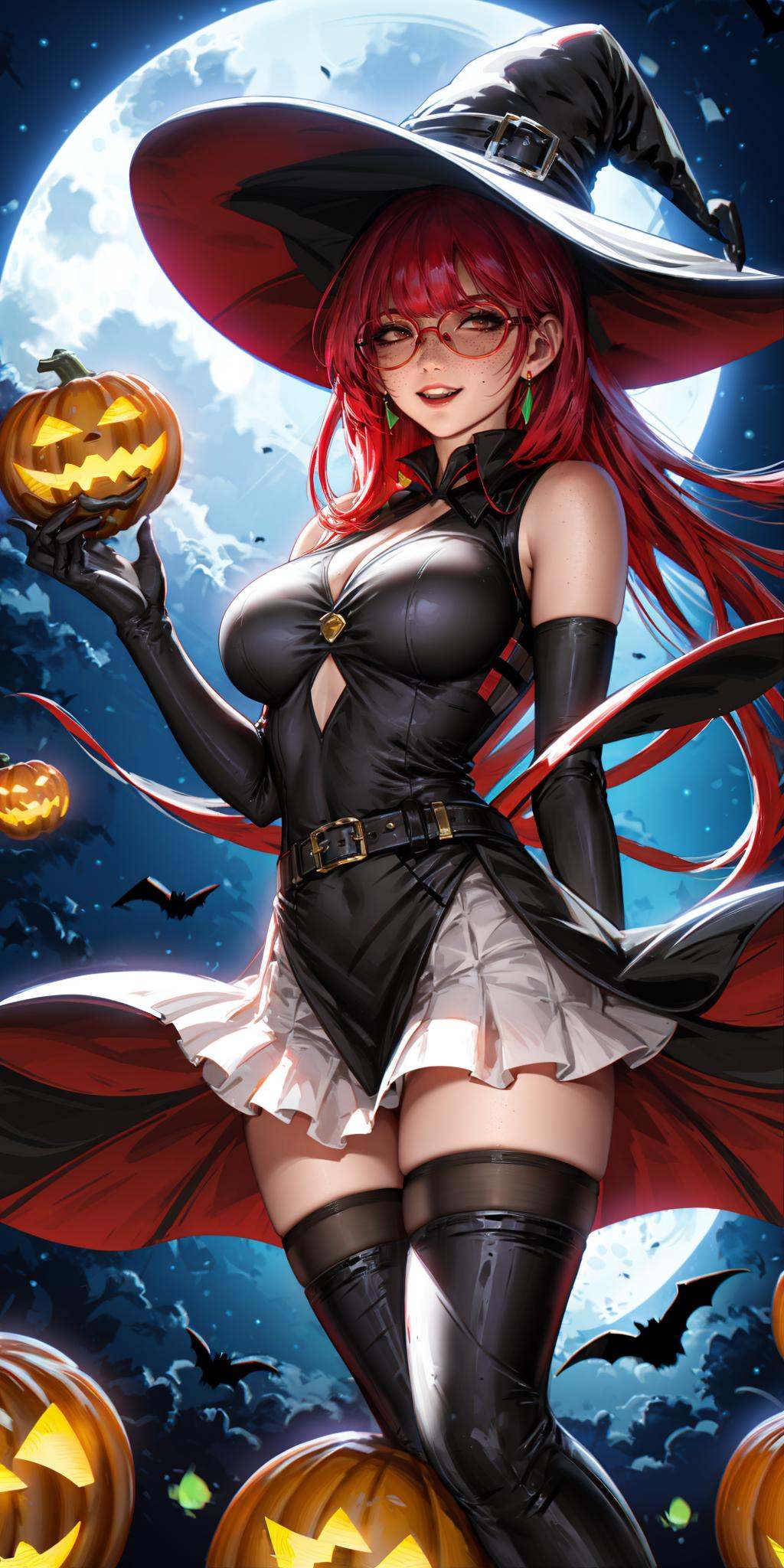 HEZI,Hot girls,Two dimensional,hand drawing,atmosphere,1girl,long hair,gloves,thighhighs,glasses,bare shoulders,night,round eyewear,closed eyes,holding,skirt,red hair,black gloves,belt,smile,hat,bat \(animal\),elbow gloves,black headwear,breasts,witch hat,striped,bangs,multiple others,parted lips,white skirt,pumpkin,teeth,ponytail,pink hair,black-framed eyewear,outdoors,moon,medium breasts,weapon,multiple boys,solo,solo focus,jewelry,alternate costume,freckles,zettai ryouiki,2others,night sky,sky,holding weapon,jack-o'-lantern,2boys,red lips,cat,striped thighhighs,staff,earrings,blurry,thigh boots,magic,shiny,red thighhighs,3others,building,artist name,open mouth,book,blurry background,wand,vest,witch,instrument,large breasts,floating hair,broom,official alternate costume,upper teeth only,creature,dress,halloween,<lora:辣妹-000022:0.7>,