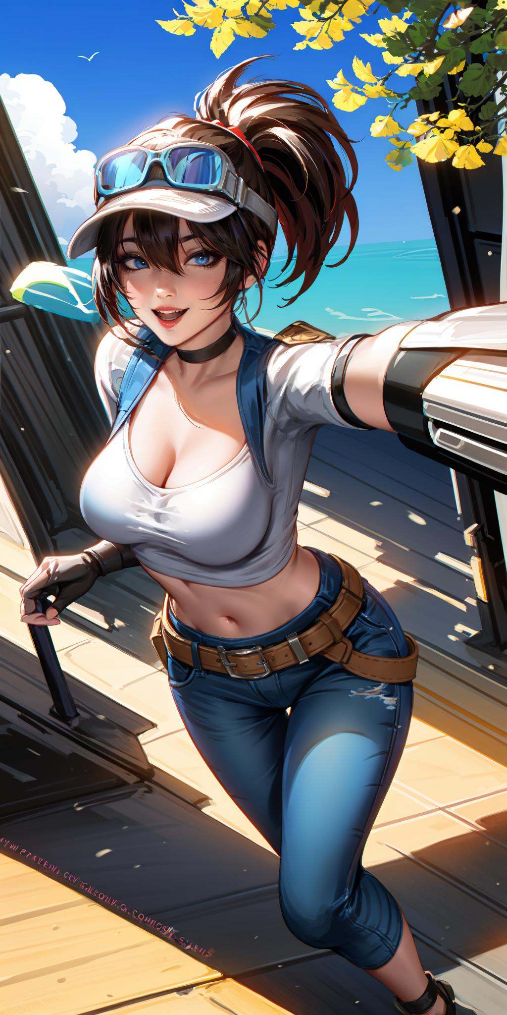 HEZI,Hot girls,Two dimensional,hand drawing,atmosphere,pizza, motor vehicle, food, midriff, clothes around waist, breasts, ground vehicle, hat, gloves, crop top, fingerless gloves, short sleeves, car, belt, cleavage, shirt, looking at viewer, perspective, smile, foreshortening, teeth, holding, buckle, navel, nose, road, building, long hair, cloud, baseball cap, sky, medium breasts, brown hair, jacket around waist, ponytail, open mouth, 1girl, belt buckle, tray, tree, day, outdoors, white shirt, lips, cheese, solo focus, elbow gloves, brown eyes, high ponytail, scooter, breast pocket, makeup, pocket, steering wheel, sign, realistic, collared shirt, sidewalk, red headwear, street, collarbone, striped, jacket, bangs, lamppost, pants, house, red lips, lipstick, stomach, pavement, multiple girls, plant, blue sky, parted lips, from above, standing, lantern, upper teeth only, town, fisheye, window, black gloves, running, swept bangs, holding food, watermark, outstretched arms, red hair, goggles, blurry, web address, floating hair, backlighting, cloudy sky, holding tray, depth of field, sunlight, popped collar, grass, multiple boys, :d, fingernails, emblem, outstretched arm, monkey, sweater around waist, hair between eyes, animal, police, deviantart username, sidelocks, mascara, cowboy shot, choker, wrench, city, police uniform, artist name, large breasts, fleeing, open door, 2girls, solo, alternate costume, backwards hat, underwear, bird, shadow, arm up, dutch angle, spread arms, denim, fire, blue eyes, toned, flying, blue pants, cropped jacket, bush, downblouse, waitress, patreon username, tight shirt, brick, narrow waist, cropped shirt, signature, light smile, tomato, skirt<lora:辣妹-000022:0.7>,