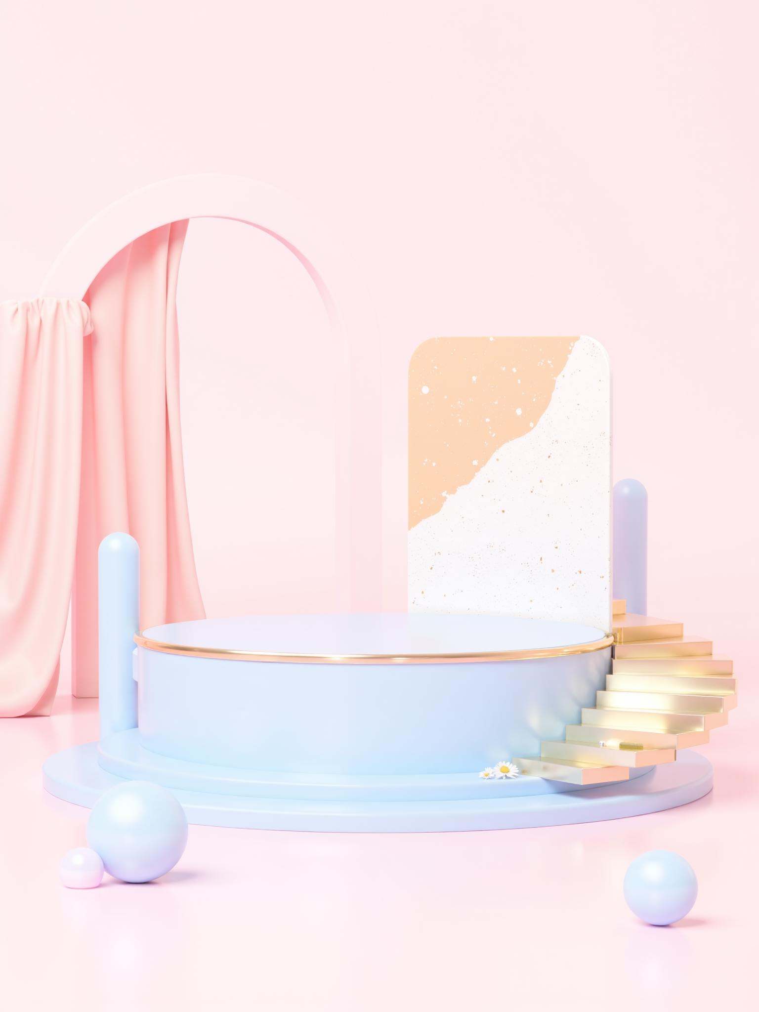 This is a digital CGI illustration featuring a whimsical,modern,and minimalist scene. The image showcases a circular,light blue platform with a gold trim,positioned centrally. The platform is elevated on a series of light blue,spiral steps,each step slightly smaller than the one below,leading up to the platform. To the right of the platform,a set of golden,spiral stairs ascends to a higher,rectangular platform adorned with a speckled,white and orange patterned wall. Both platforms are surrounded by a soft pink,flowing curtain that hangs from an archway in the background,creating a soft,pastel backdrop. To the left of the main platform,there are two small,round,light blue spheres,one larger and one smaller,resting on the pink ground. The overall color palette is dominated by soft pastels,with the pink and blue hues complementing each other harmoniously. The image exudes a sense of playful elegance,with clean lines and smooth textures contributing to its modern,almost surreal aesthetic. The absence of any human figures or objects suggests a serene,abstract environment,ideal for contemplation or imaginative exploration.,