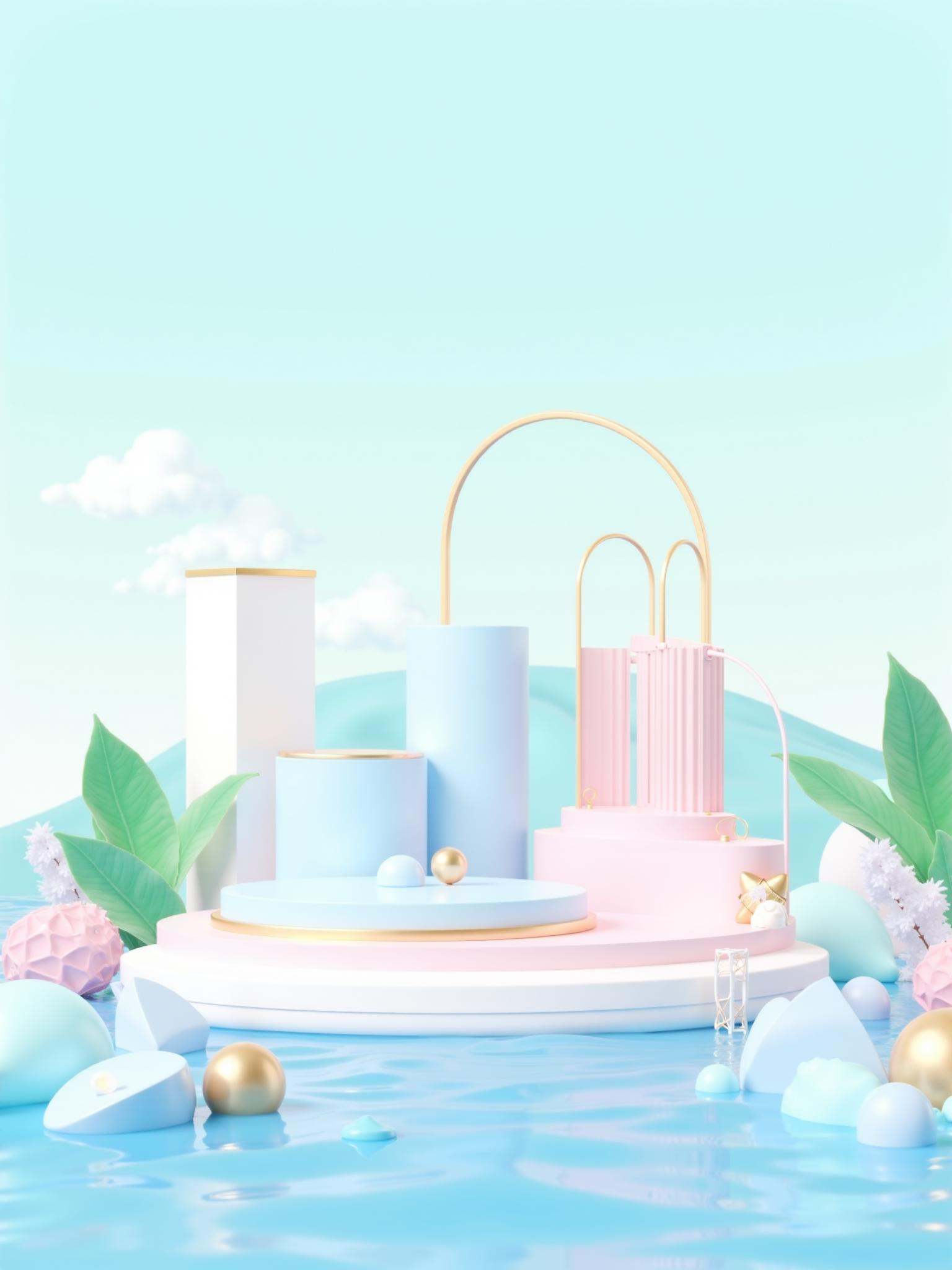 This is a digital CGI artwork depicting a futuristic, whimsical scene with a pastel color palette. The central focus is a series of sleek, curved structures with smooth surfaces. The structures are predominantly in light blue and pink, with a few elements in white and gold. The largest structure is a cylindrical column in light blue, adorned with a gold arch at its top and a small, curved platform at its base. Adjacent to this is a smaller, pink cylinder with a similar arch, and a white, rectangular structure with a gold trim sits to the left.Surrounding these structures are large, glossy leaves in varying shades of green, adding a natural element to the otherwise synthetic scene. The background features a gradient from light blue at the bottom to a soft teal at the top, creating a serene atmosphere. In the foreground, there are several spherical objects in different colors, including blue, pink, and gold, floating in the water. The water itself is a clear blue with subtle ripples, enhancing the surreal and dreamy feel of the image. The overall style is modern and elegant, with a playful, almost ethereal quality.