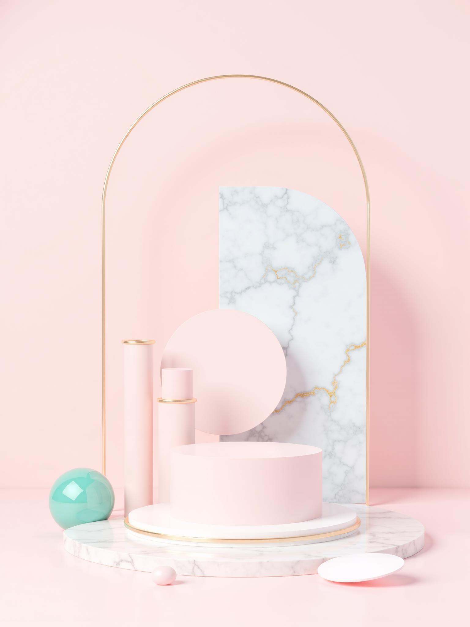 This is a digital CGI (computer-generated imagery) rendering of a minimalist,modern art installation. The scene features a central pedestal,cylindrical in shape,with a smooth,pastel pink surface. It stands on a circular platform with a white marble texture,edged in gold. To the left of the pedestal is a tall,slender column,also in pastel pink,with a gold trim at the top. Behind the pedestal is a large,round,semi-transparent pink disk,which casts a soft shadow on the floor. To the right of the pedestal,a smaller,round,white disk is positioned,creating a sense of depth and balance.,In the background,there is a large,curved,metallic gold arch,adding a touch of elegance and structure. This arch is partially obscured by a large,vertical panel of marble,which features a soft,blue-gray color with subtle gold veins. A small,glossy,teal sphere rests on the floor,adding a pop of color and texture. The entire composition is set against a soft,pastel pink background,creating a harmonious and serene atmosphere. The overall style is clean,contemporary,and aesthetically pleasing,emphasizing minimalism and geometric forms.,