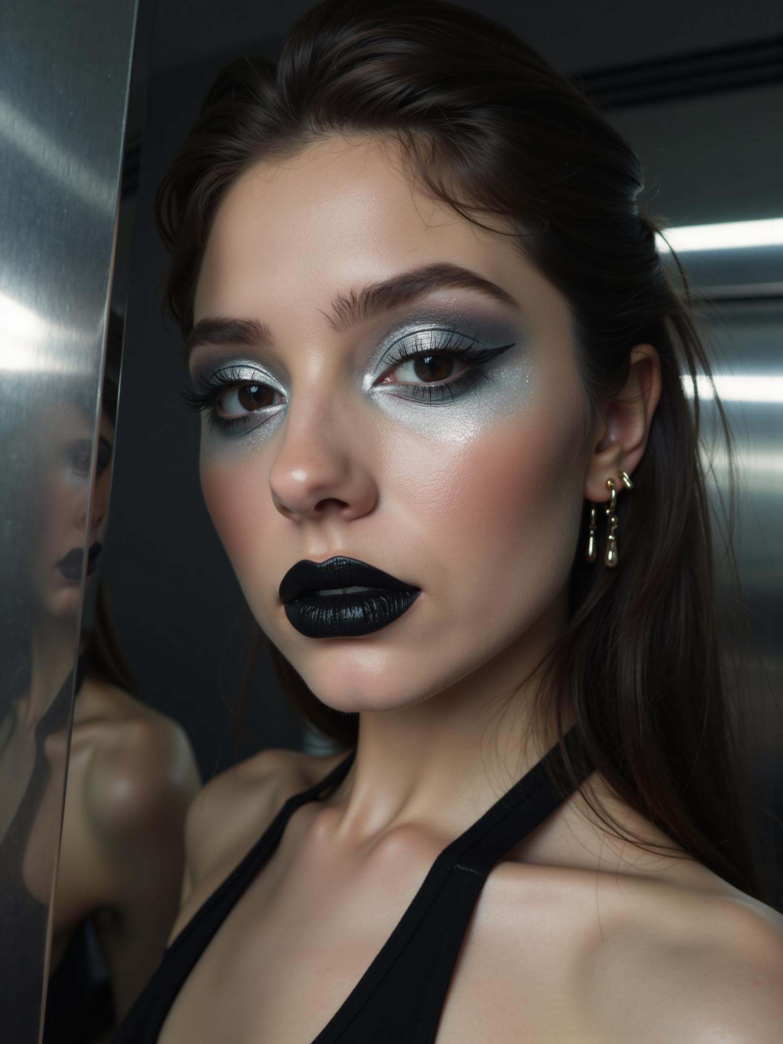 This close-up focuses on her upper body,capturing her poised and alluring stance,with her face slightly blurred due to the DOF,further emphasizing her sensual pose and the surrounding muted,intimate setting.Her eyes are dramatic with silver chrome eyeshadow,applied thickly with a reflective,mirror-**** finish that makes her eyes the focal point of the look.Her lips are painted a deep,glossy black with subtle silver undertones,adding a mysterious,edgy contrast.Her cheekbones are accentuated with silver highlighter,blending seamlessly with her eyeshadow.The background is a polished chrome wall,creating reflections and a futuristic,cutting-edge atmosphere,enhancing the metallic shimmer of her makeup.,