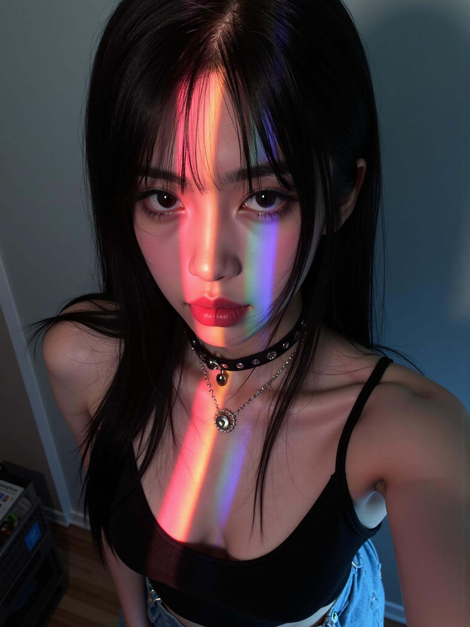fenwei,Instagram Selfie of Goth Girl,Full body from above,long hair,rainbow colored light rays on her face,tattoo,selfie,tessellations,1girl,midjourneyv6.1,detailmaximizer,full body,
