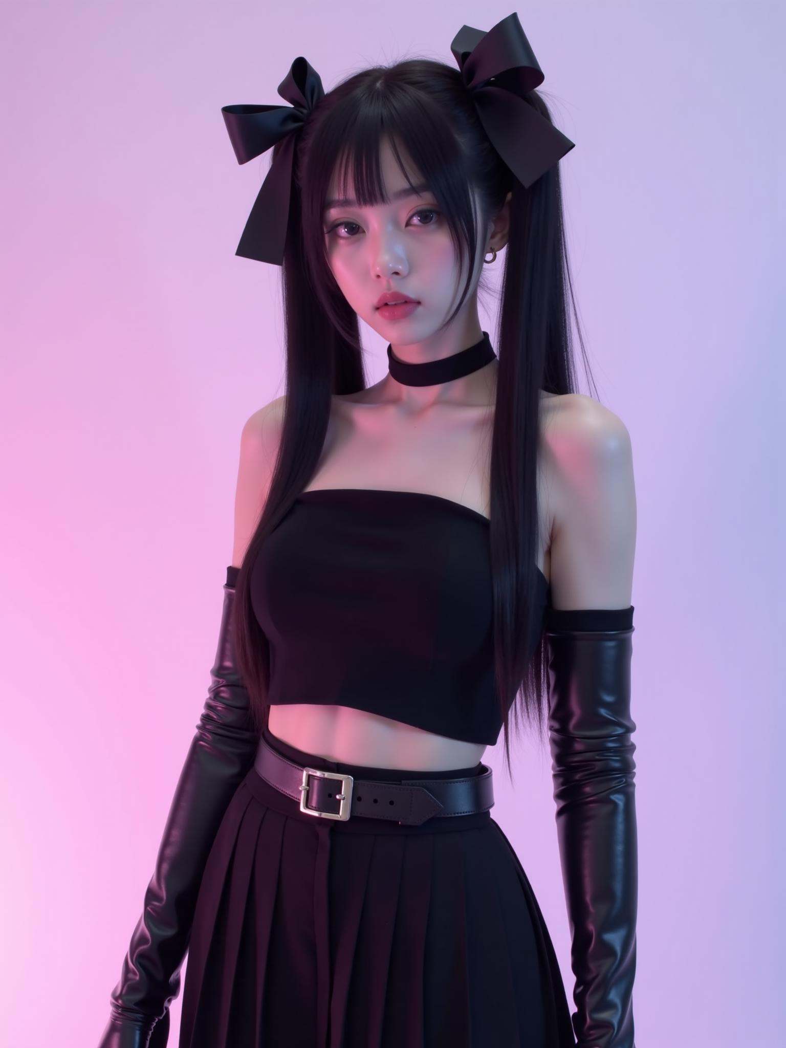 The image is a high-resolution digital artwork featuring a young East Asian woman with a slender physique and delicate features. She stands in a minimalist,gradient background transitioning from a light pink at the bottom to a soft purple at the top. Her long,straight black hair is styled in two high ponytails adorned with large,black satin ribbons,and she wears a black,off-the-shoulder crop top that reveals her collarbone and upper arms. The top is paired with a high-waisted,black pleated skirt that reaches her knees,cinched at the waist with a black leather belt. Her attire is complemented by long,black leather gloves that reach her elbows. Her facial expression is neutral,with large,expressive eyes and a slight,enigmatic smile. The overall aesthetic is edgy and chic,with a gothic undertone. The lighting is soft and diffused,casting subtle shadows that enhance the contours of her body and clothing. The image has a hyper-realistic quality,capturing intricate details such as the texture of her skin and the smoothness of her hair.,