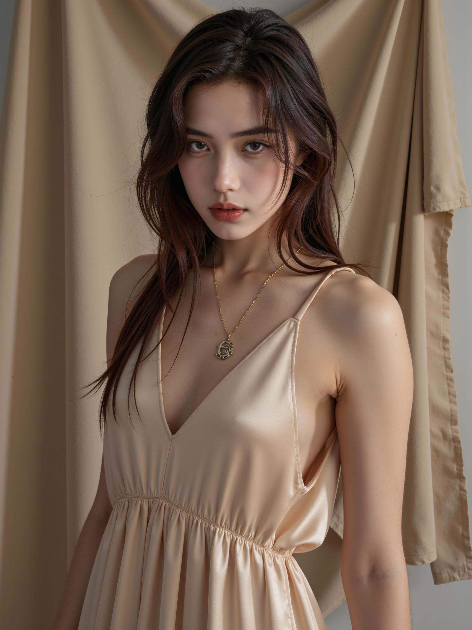 The image features a young woman of European descent standing in an studio setting,surrounded by silk. (She is wearing a silk dress),paired with a bold. Her brown hair is wet and tousled,falling naturally around her face,giving her a raw and edgy look. The woman has an intense and direct gaze,adding to the dramatic feel of the image. The backdrop is flowing silk,big silk. The overall composition blends elements of fashion and nature,creating a striking and powerful visual.,