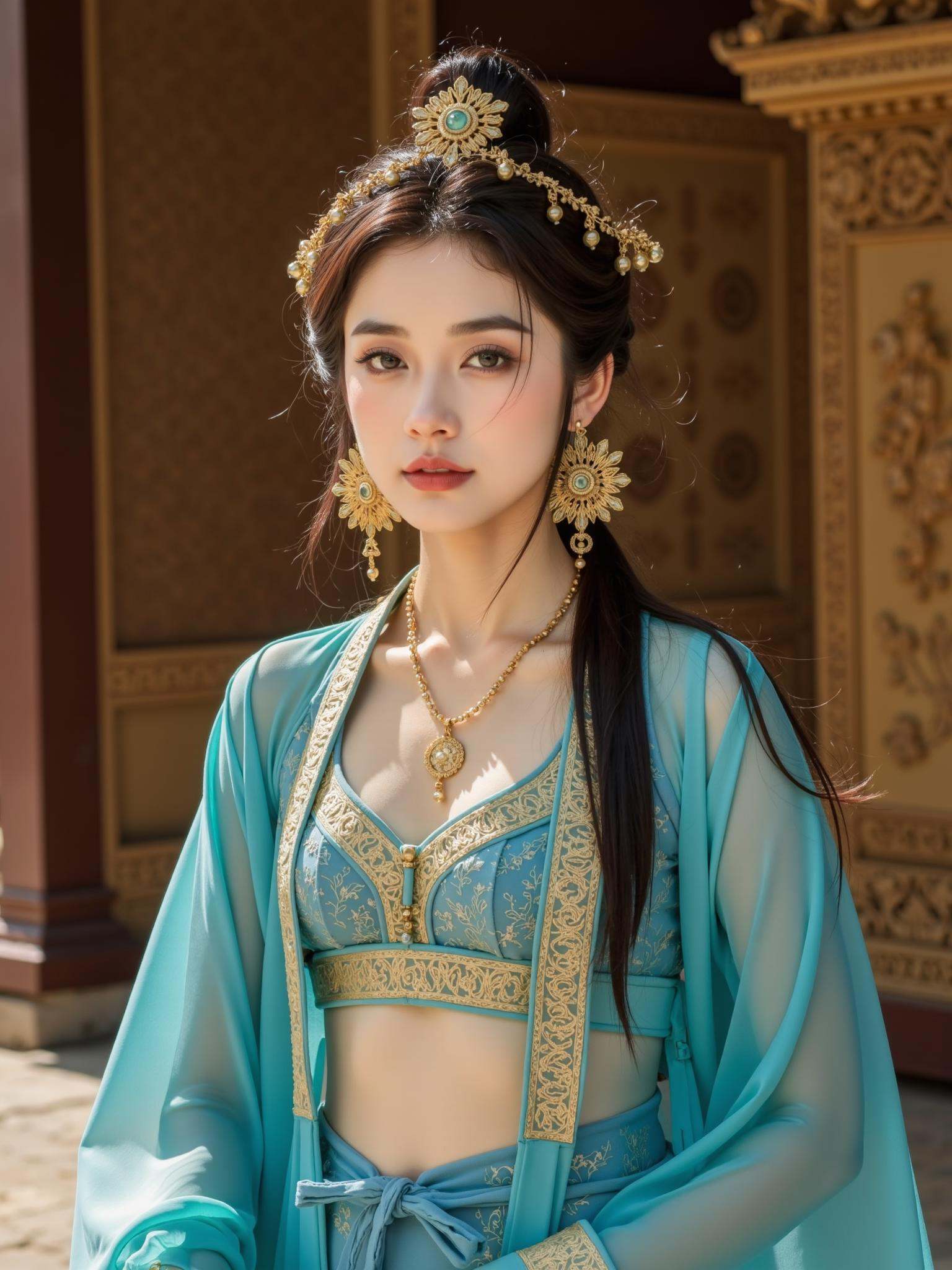 a woman adorned in a traditional,possibly Chinese,attire. She wears a golden headpiece with intricate designs,complemented by golden earrings and a necklace. Her blue and turquoise outfit consists of a crop top and a flowing skirt,both embellished with golden embroidery and jewelry. The background is rich with ornate patterns,possibly representing a palace or temple setting,and a soft,golden light bathes the scene,creating a serene and regal ambiance.,
