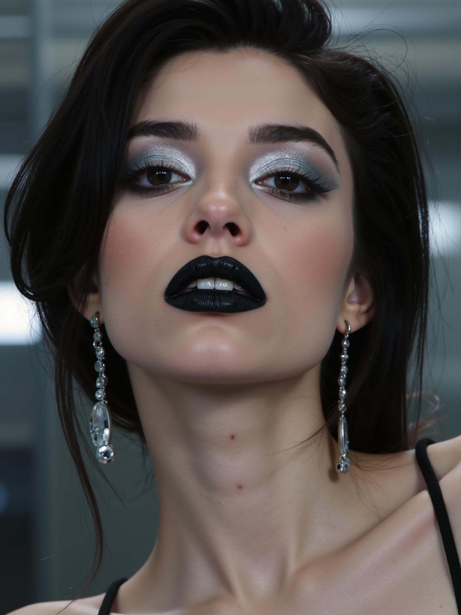 This close-up focuses on her upper body,capturing her poised and alluring stance,with her face slightly blurred due to the DOF,further emphasizing her sensual pose and the surrounding muted,intimate setting.Her eyes are dramatic with silver chrome eyeshadow,applied thickly with a reflective,mirror-**** finish that makes her eyes the focal point of the look.Her lips are painted a deep,glossy black with subtle silver undertones,adding a mysterious,edgy contrast.Her cheekbones are accentuated with silver highlighter,blending seamlessly with her eyeshadow.The background is a polished chrome wall,creating reflections and a futuristic,cutting-edge atmosphere,enhancing the metallic shimmer of her makeup.,
