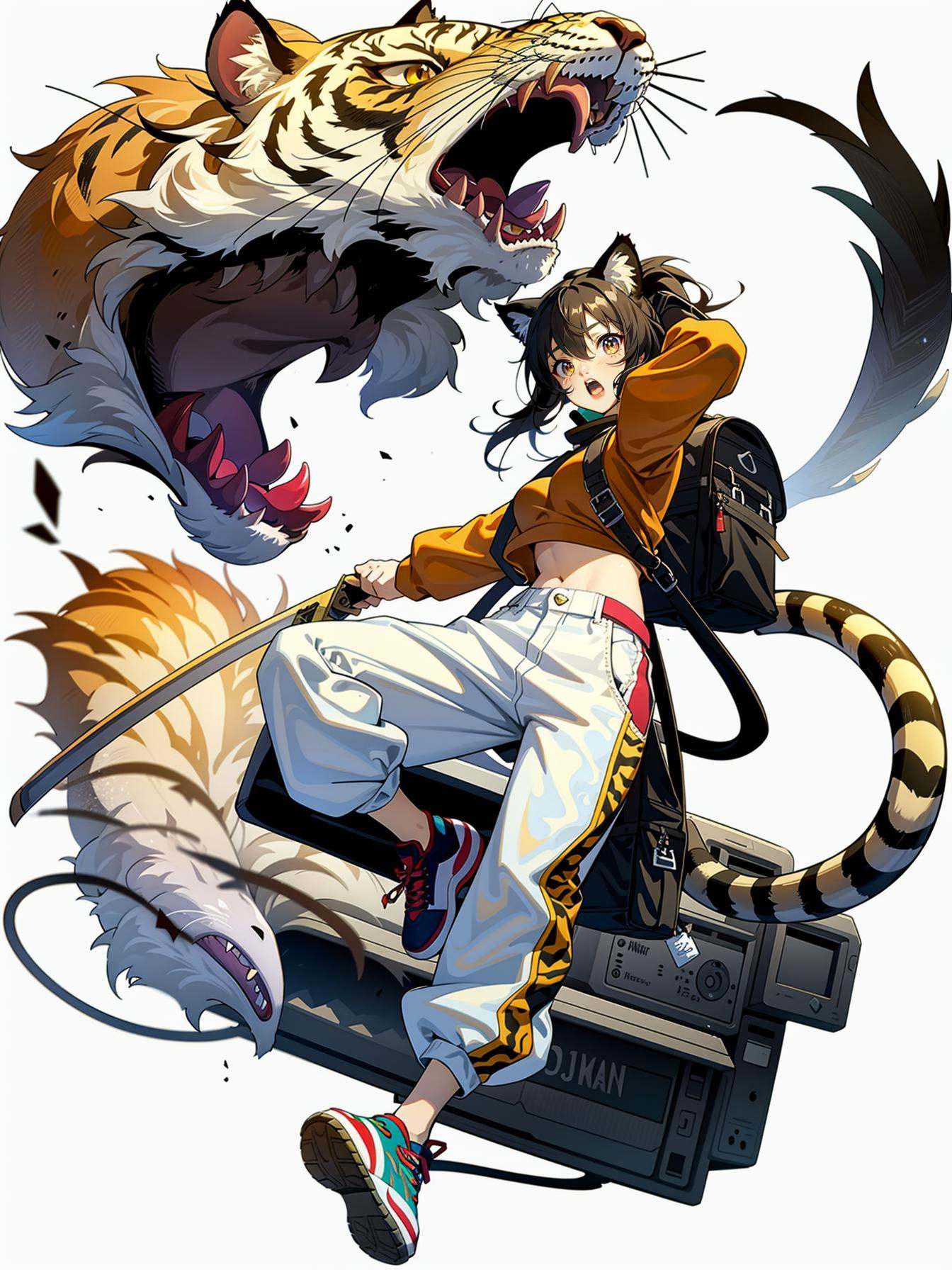 hezi, Japanese and Korean art, game characters, special effects, 1girl, weapon, sword, animal ears, sheath, tail, holding weapon, shoes, sneakers, holding, katana, holding sword, solo, pants, white pants, black hair, long sleeves, full body, bag, tiger ears, open mouth, shirt, unsheathing, white background, yellow shirt, tiger girl, simple background, scabbard, ponytail, yellow eyes, looking at viewer, midriff peek, long hair, sheathed, brown eyes, hair between eyes, tiger tail, holding sheath, animal ear fluff, teeth, brown hair, monster, backpack, cat ears, transparent background, :o,<lora:日韩立﷿-000013:0.7>,