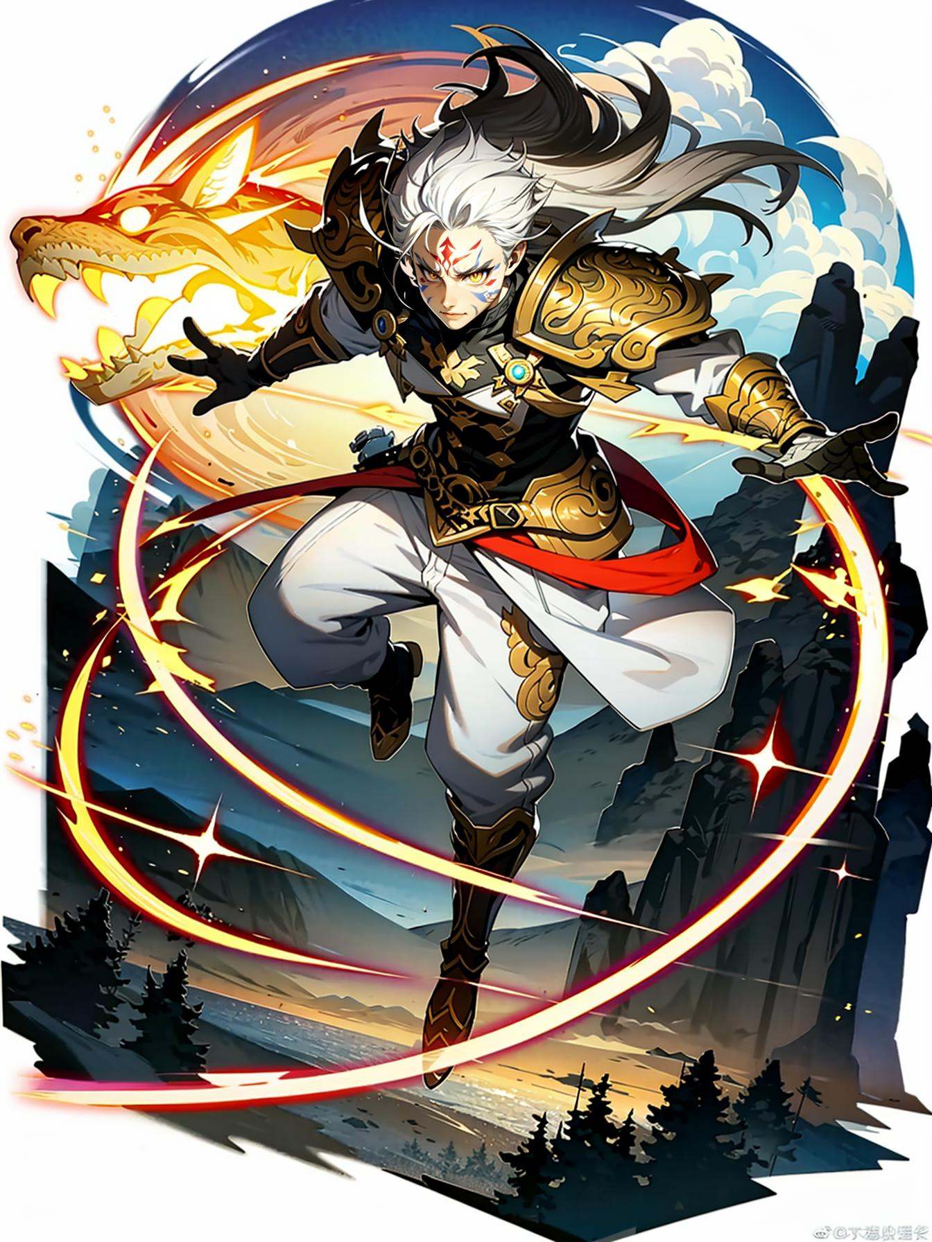 hezi, Japanese and Korean art, game characters, special effects, 1boy, male focus, yellow eyes, solo, facial mark, pants, glowing, mountain, long hair, white pants, armor, forehead mark, full body, black gloves, gloves, glowing eyes, attack, multicolored hair, grey hair, white hair, weapon, shoulder armor, jewelry, closed mouth, cloud, looking at viewer, official alternate costume, white background, smile<lora:日韩立﷿-000013:0.7>,