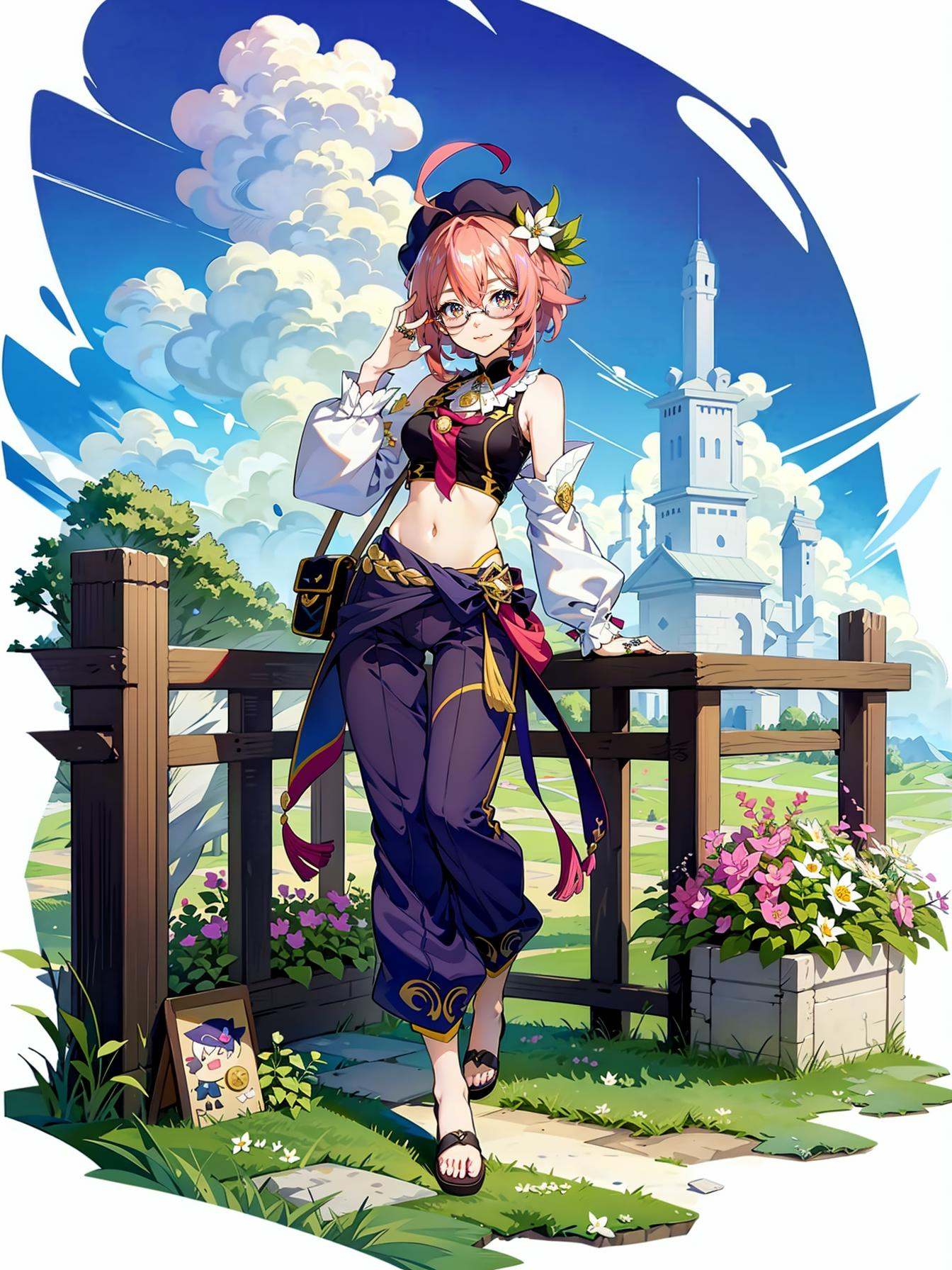 hezi, Japanese and Korean art, game characters, special effects, 1girl, pants, purple pants, purple headwear, hat, detached sleeves, pink hair, midriff, cloud, crop top, pince-nez, tinted eyewear, navel, short hair with long locks, sunglasses, flower, harem pants, looking over eyewear, sidelocks, bare shoulders, puffy detached sleeves, grass, puffy sleeves, puffy pants, outdoors, baggy pants, hand up, sky, shirt, yellow eyes, x-shaped pupils, solo, tassel, stomach, full body, coin, blue sky, symbol-shaped pupils, white sleeves, long sleeves, looking at viewer, puffy long sleeves, holding, day, jewelry, gold trim, ahoge, hair between eyes, sleeveless shirt, hair ornament, vision \(genshin impact\), standing, red-tinted eyewear, black shirt, smile, bow, white background, sleeveless, breasts, red flower, ring, white flower, short hair, closed mouth, arabian clothes, black footwear, multiple rings, hat ornament, pink bow, sitting, sandals, leaf, small breasts, puff of air, glasses, nail polish, beret, fence, gem, simple background, gold coin, :3<lora:日韩立﷿-000013:0.7>,v,